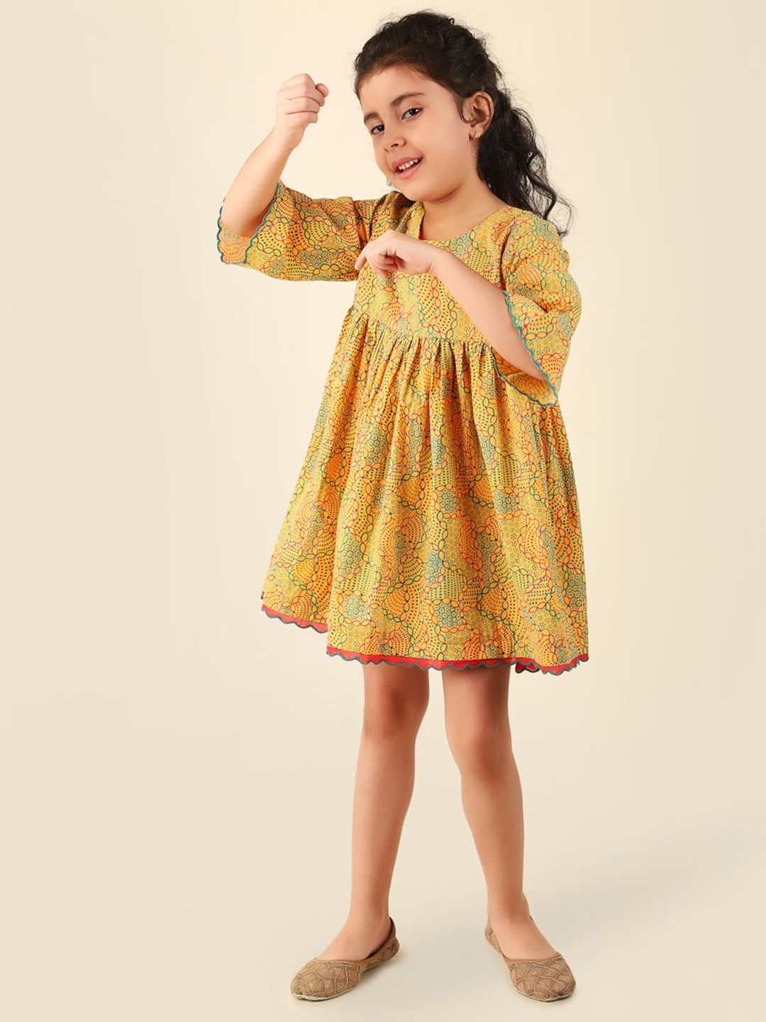 Fabindia Girls Ethnic Motifs Printed Cotton Gathered A-Line Dress-image-25