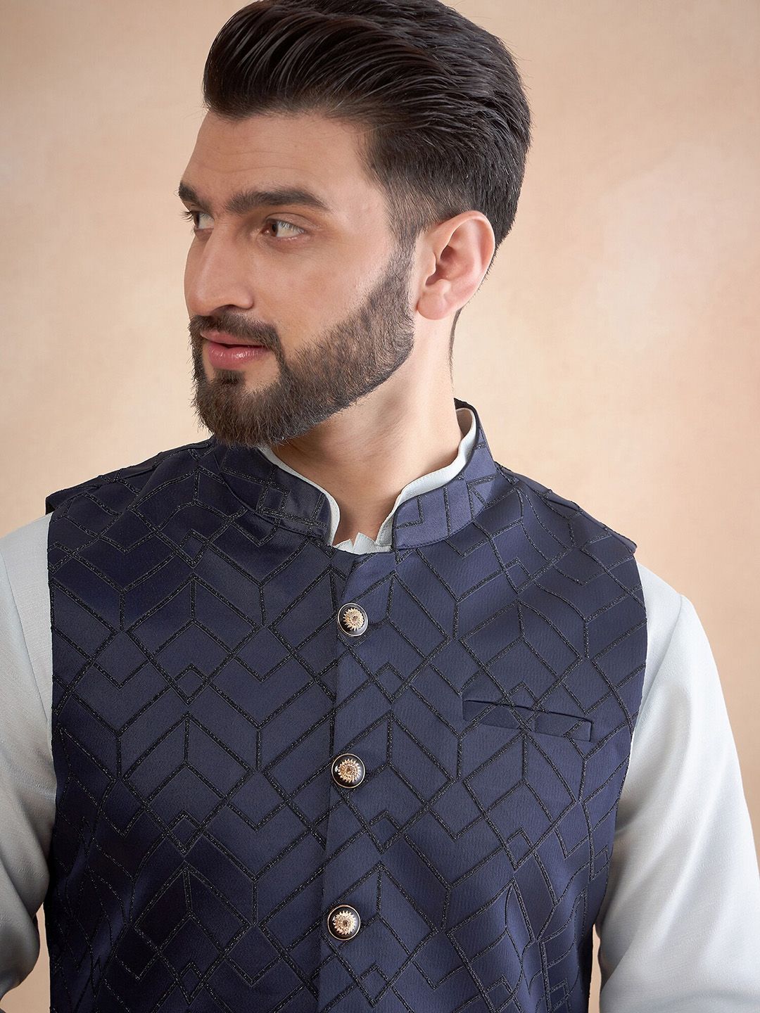 House of Pataudi Jacquard Woven Design Nehru Jacket with Zari Work-picture-21