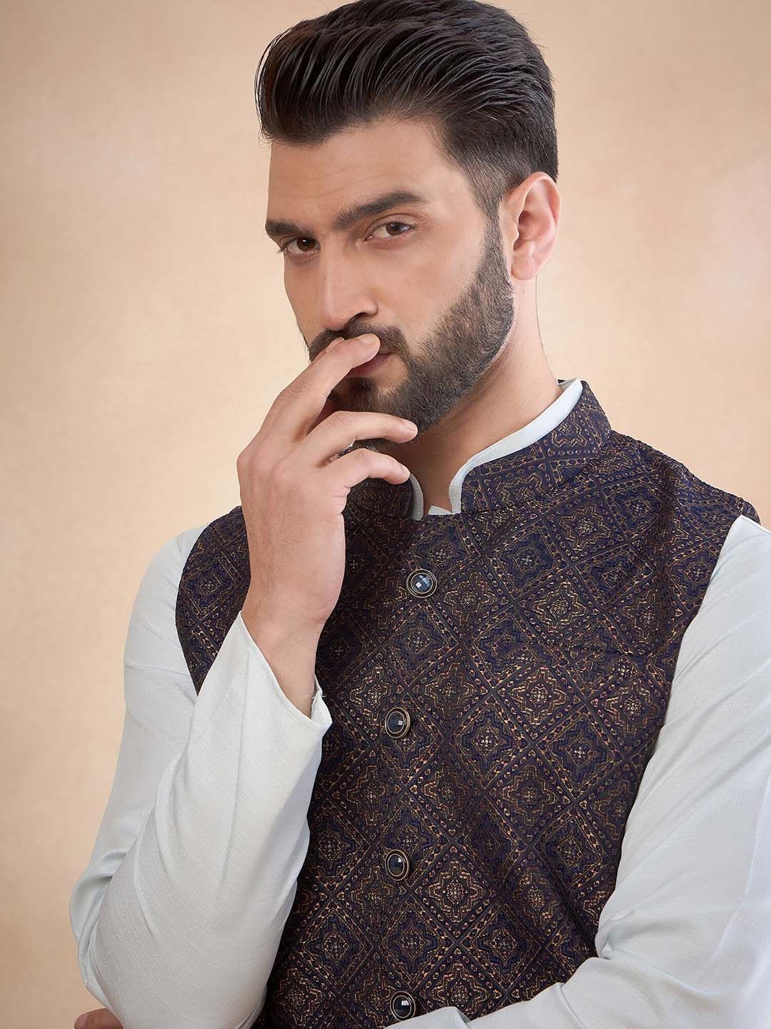 House of Pataudi Jacquard Woven Design Nehru Jacket with Zari Work-picture-26