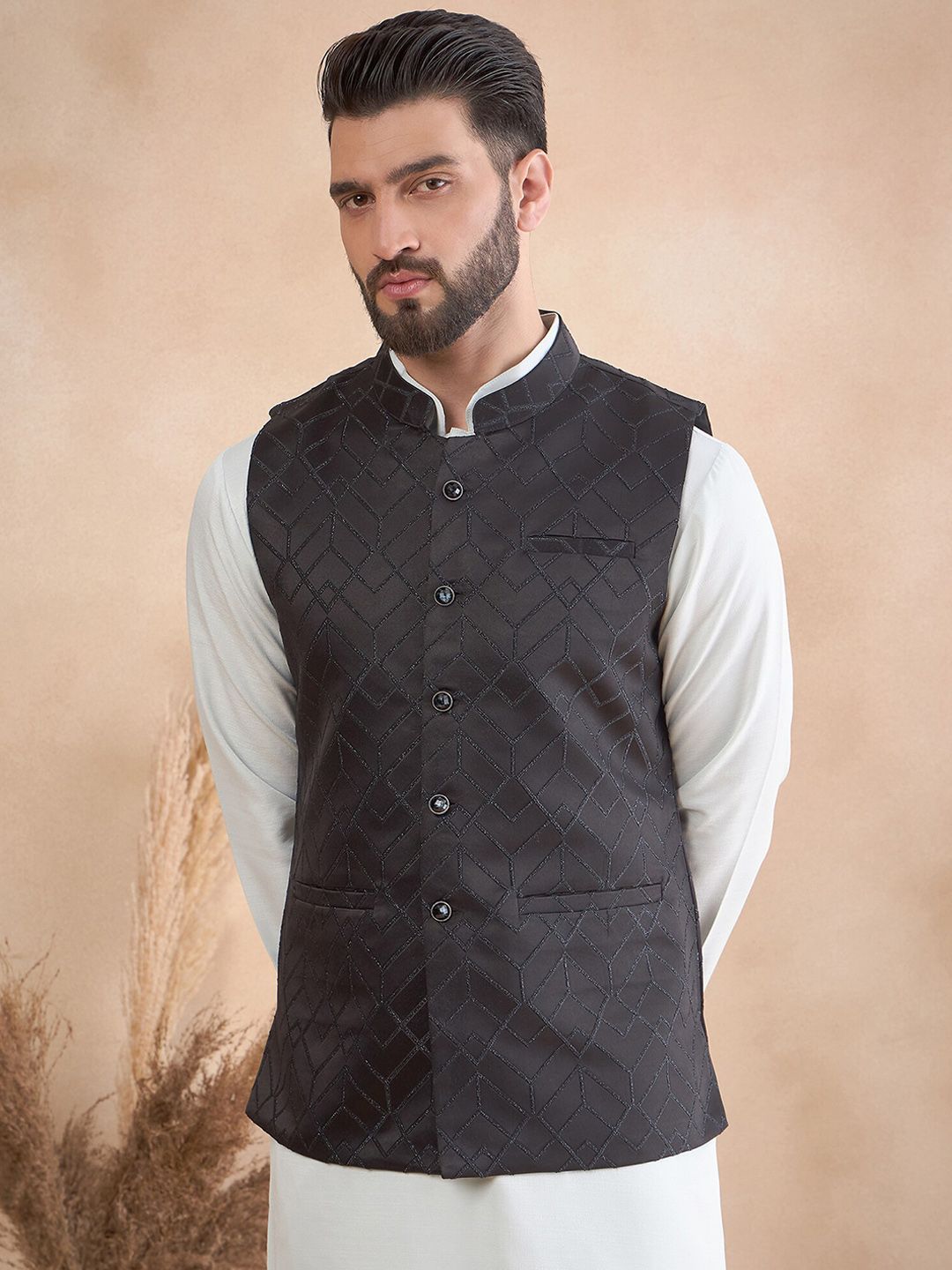 House of Pataudi Embellished Mandarin Collar Nehru Jacket-picture-53