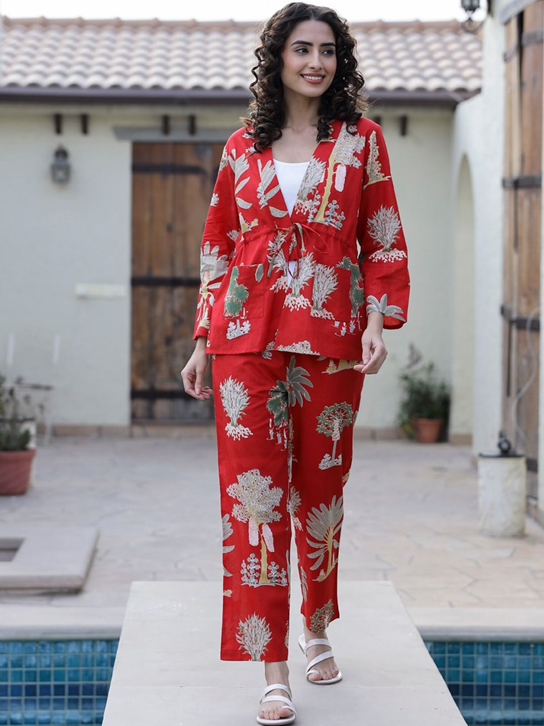 SANSKRUTIHOMES Floral Printed Pure Cotton V-Neck Top & Flared Trouser