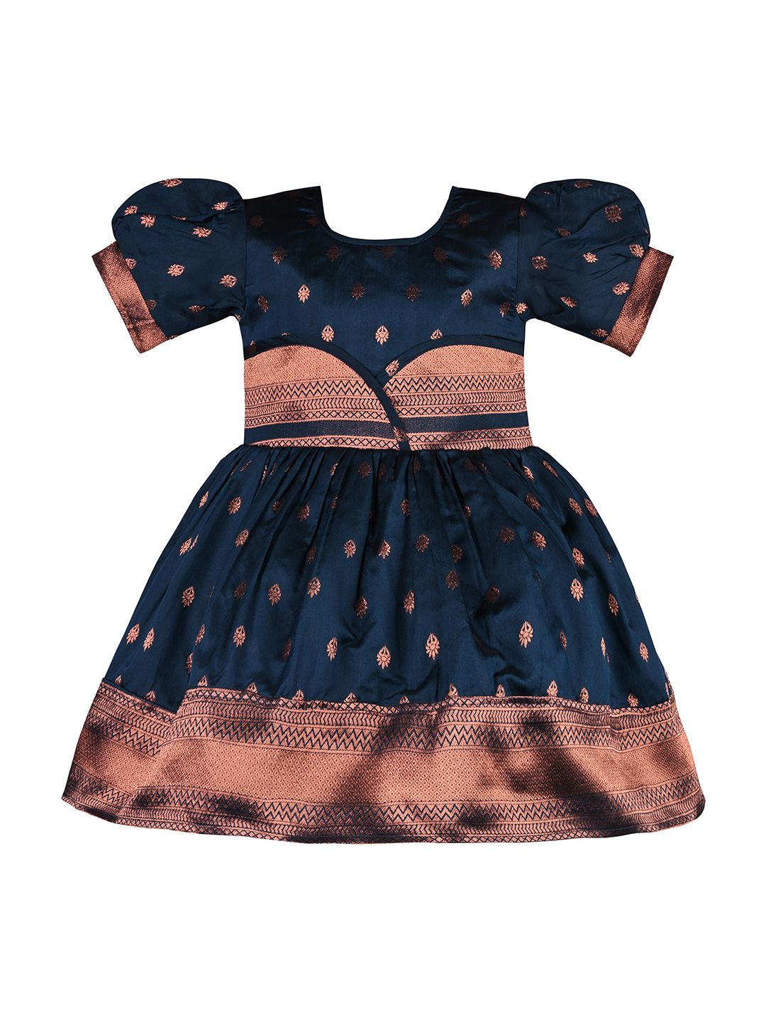 Wish Karo Girls Ethnic Motif Woven Design Puff Sleeves Satin Ethnic Dress-picture-39
