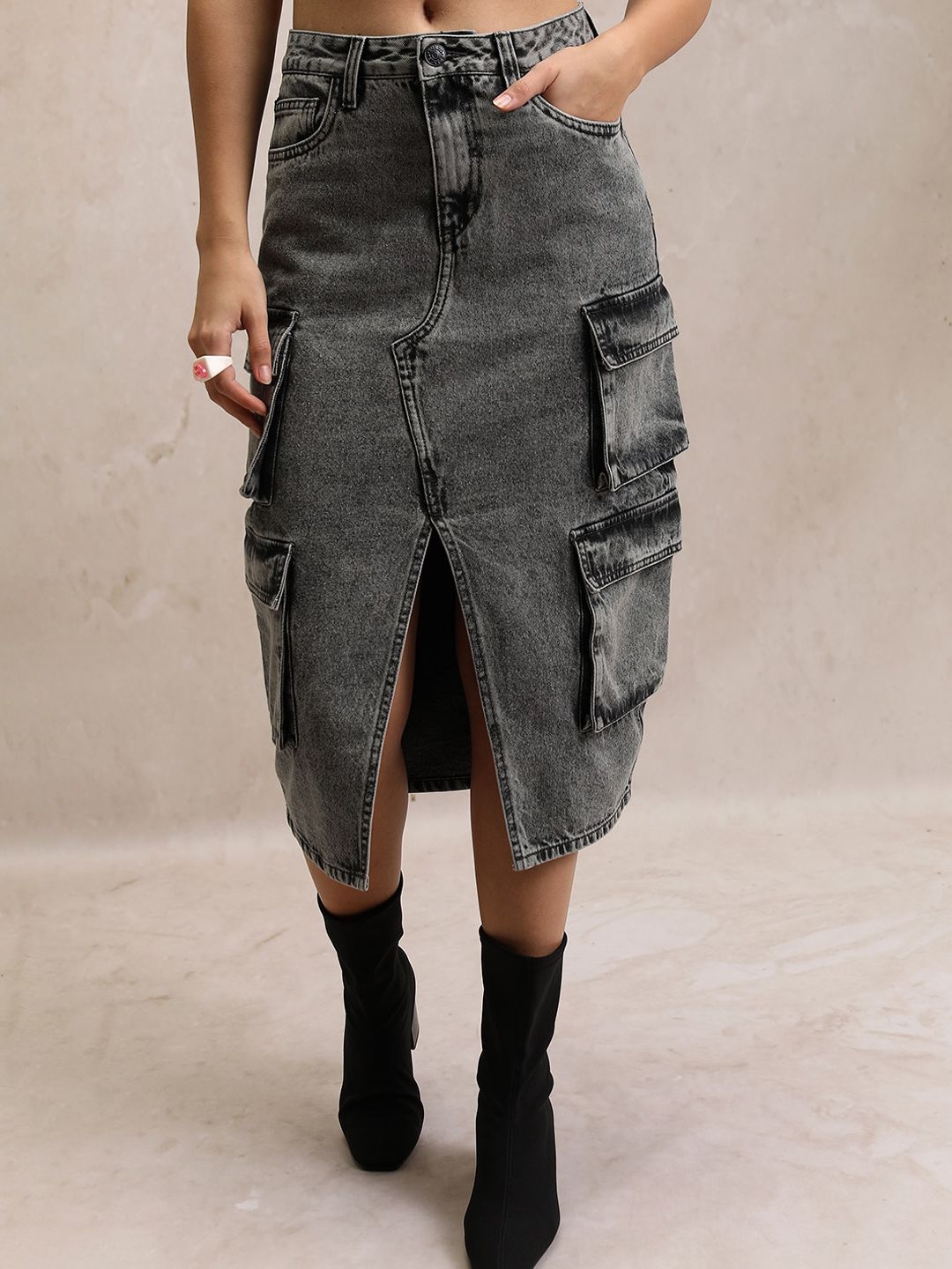 Tokyo Talkies Grey Washed Pure Cotton Denim Cargo Straight Midi Skirt-image-14