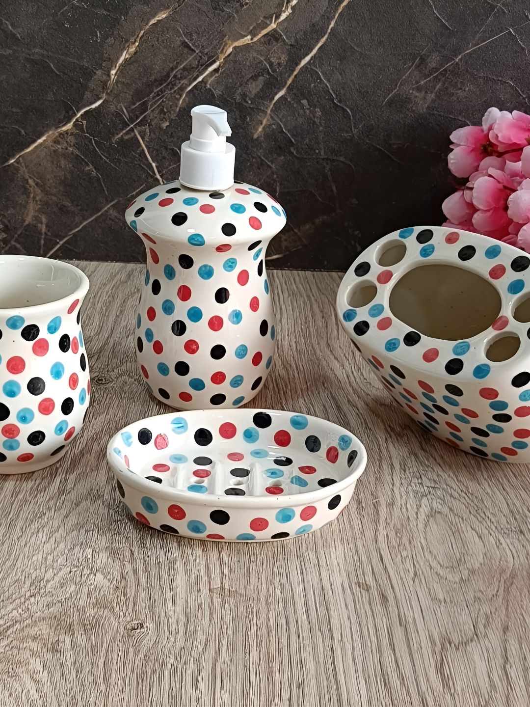 INDIA MEETS INDIA White 4 pieces Printed Ceramic Bath Accessories Set-image-34