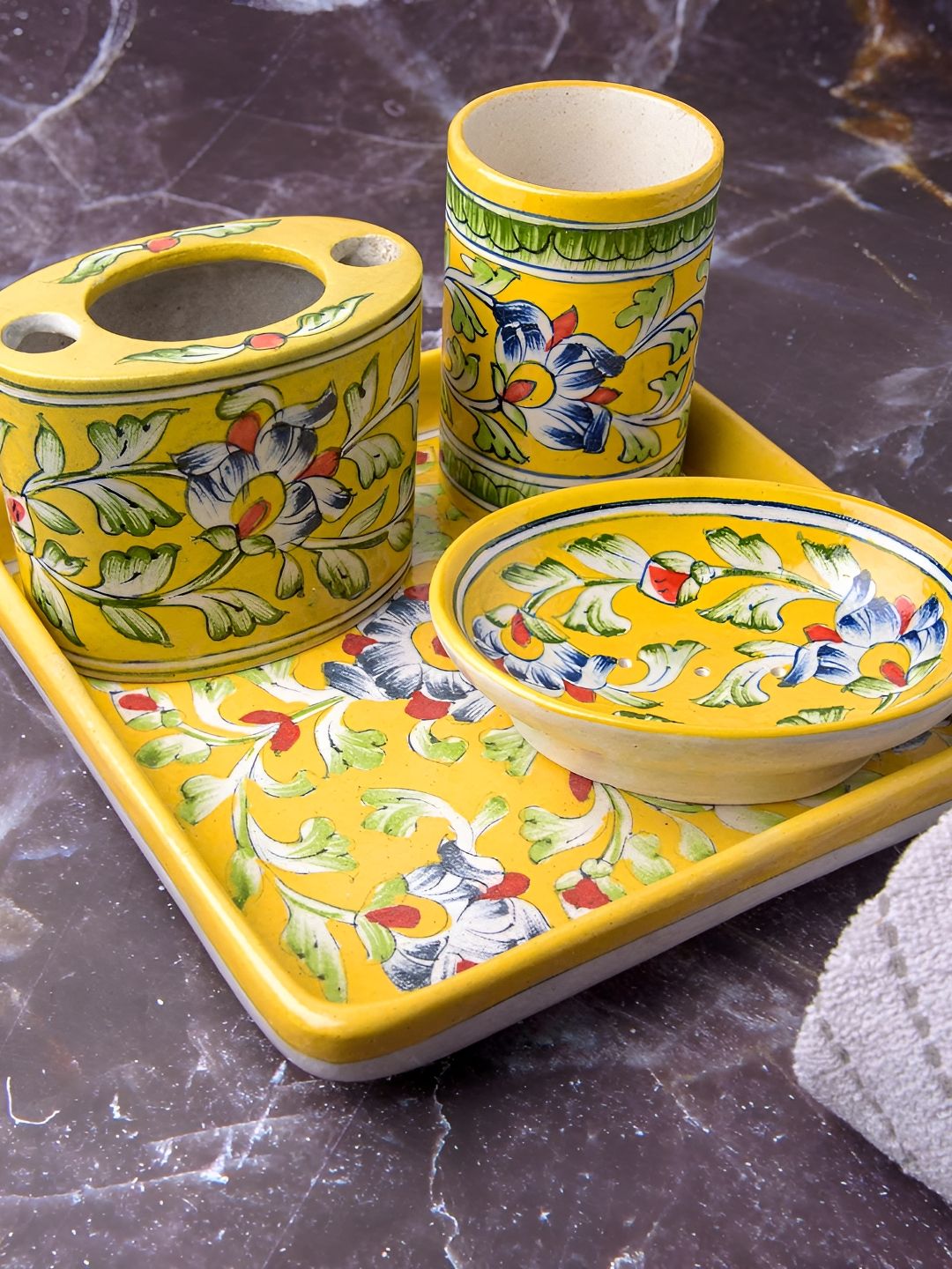 INDIA MEETS INDIA Yellow & Green 4 Pieces Printed Ceramic Bath Accessories Set-image-45