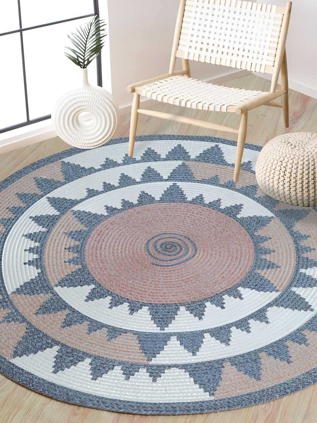 BELLA TRUE Grey & Beige Geometric Printed Round Cotton Dhurrie-image-26