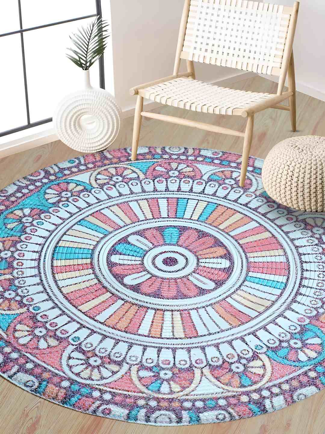 BELLA TRUE Pink & Blue Ethnic Printed Round Water Resistant Cotton Dhurrie-picture-37