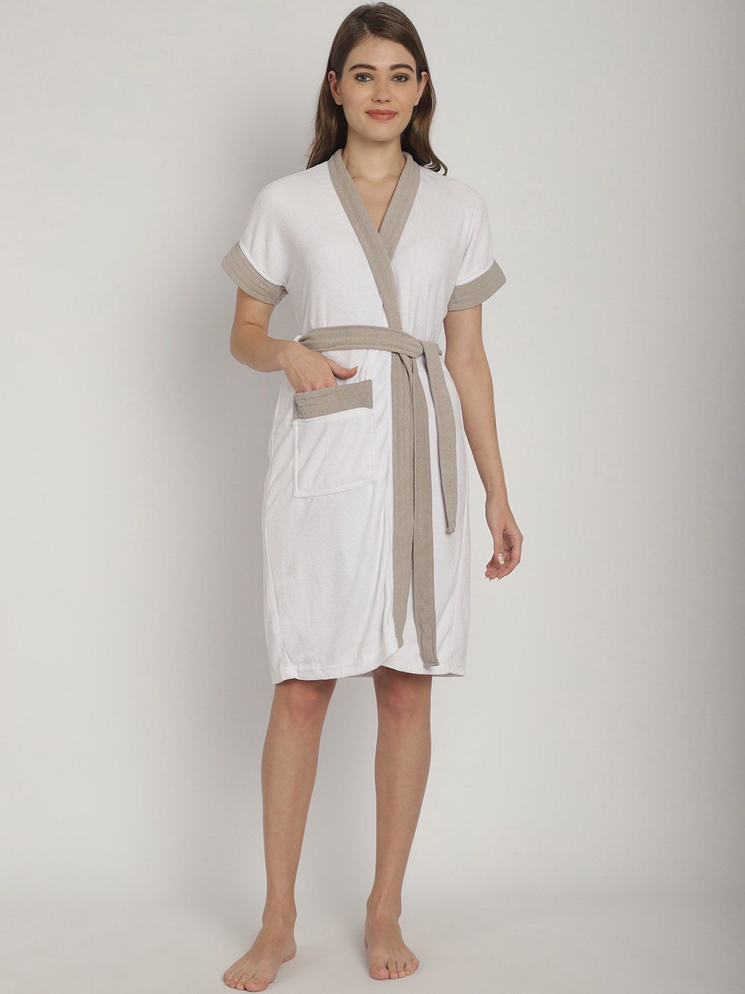 ELEVANTO Women White Grey Shawl Collar Front Open Bath Robe-picture-32