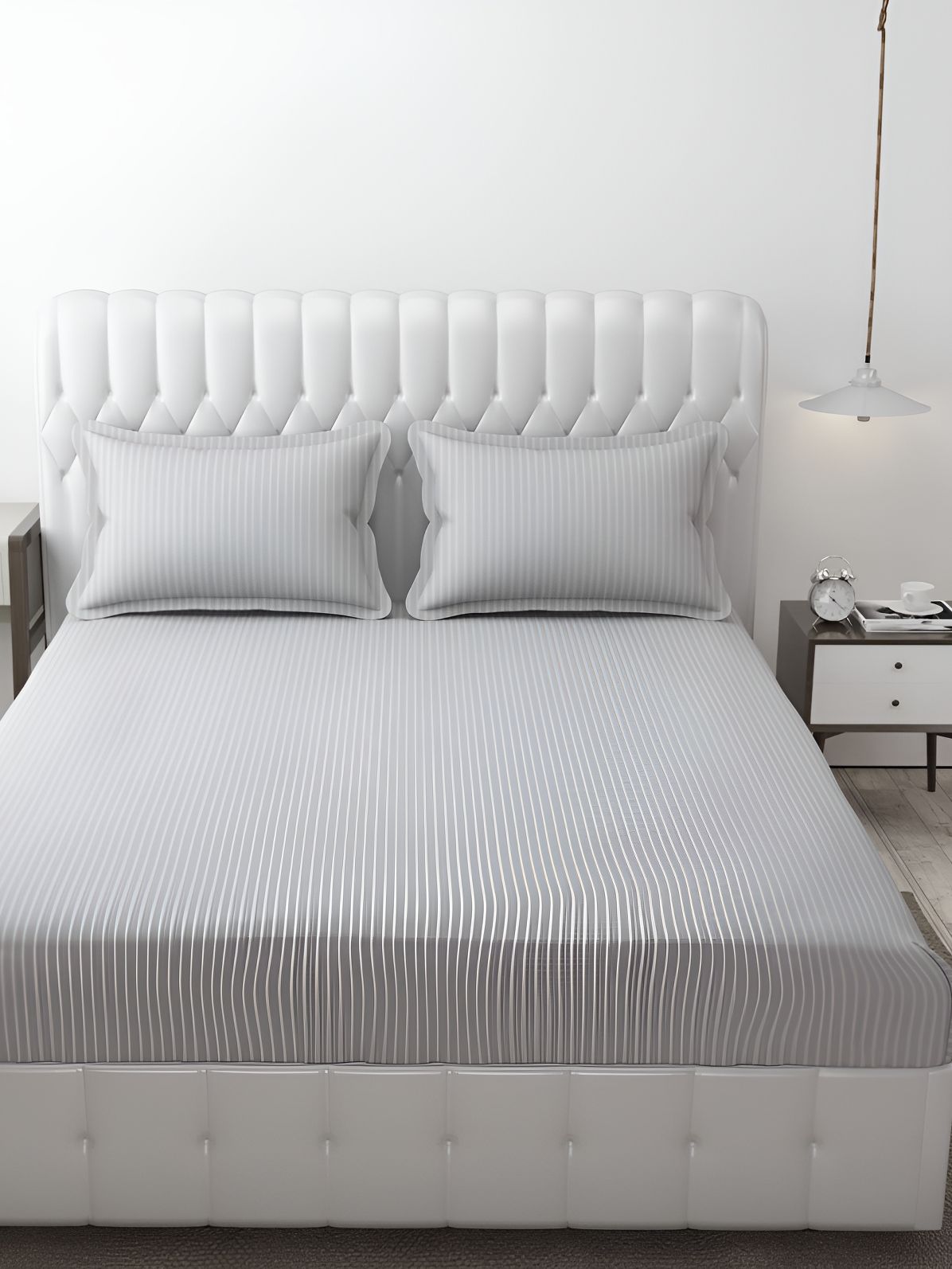 RRC Grey Striped Microfiber Cotton 210 TC Queen Bedsheet With 2 Pillow Covers-image-35