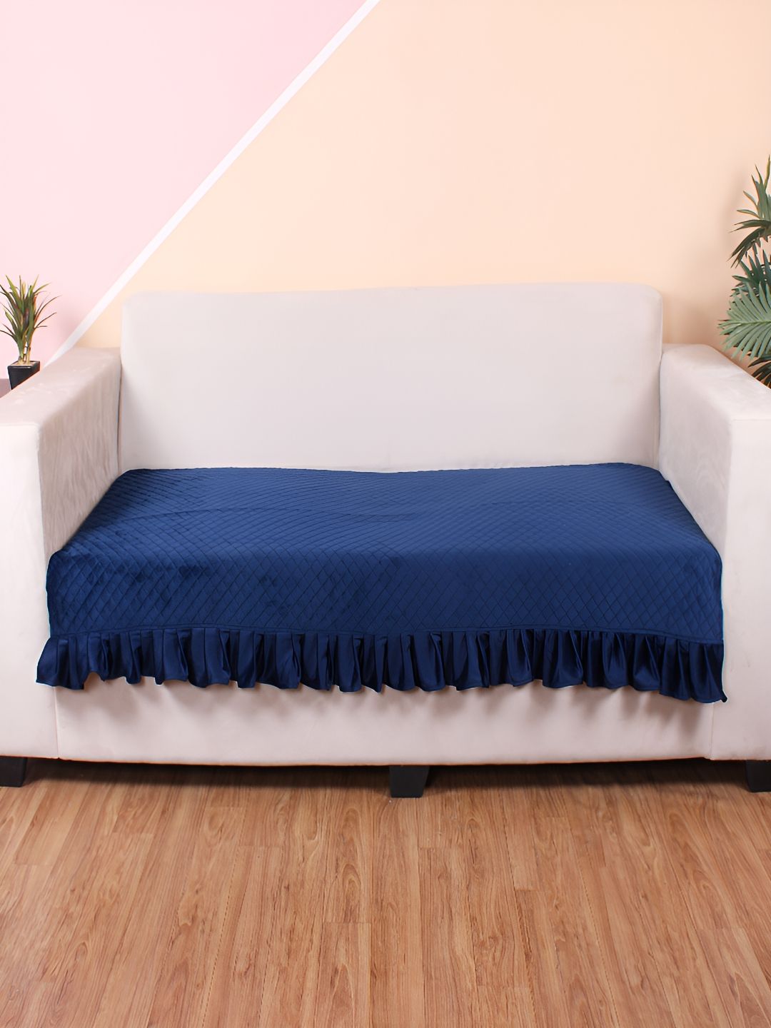 STITCHNEST Blue Self Design 2 Seater Sofa Cover-image-10