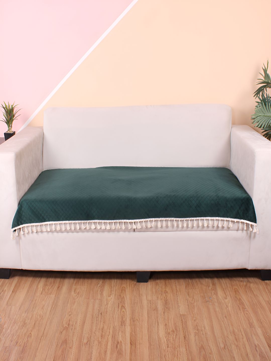 STITCHNEST Green & Beige Self Design 3 Seater Sofa Cover-image-34