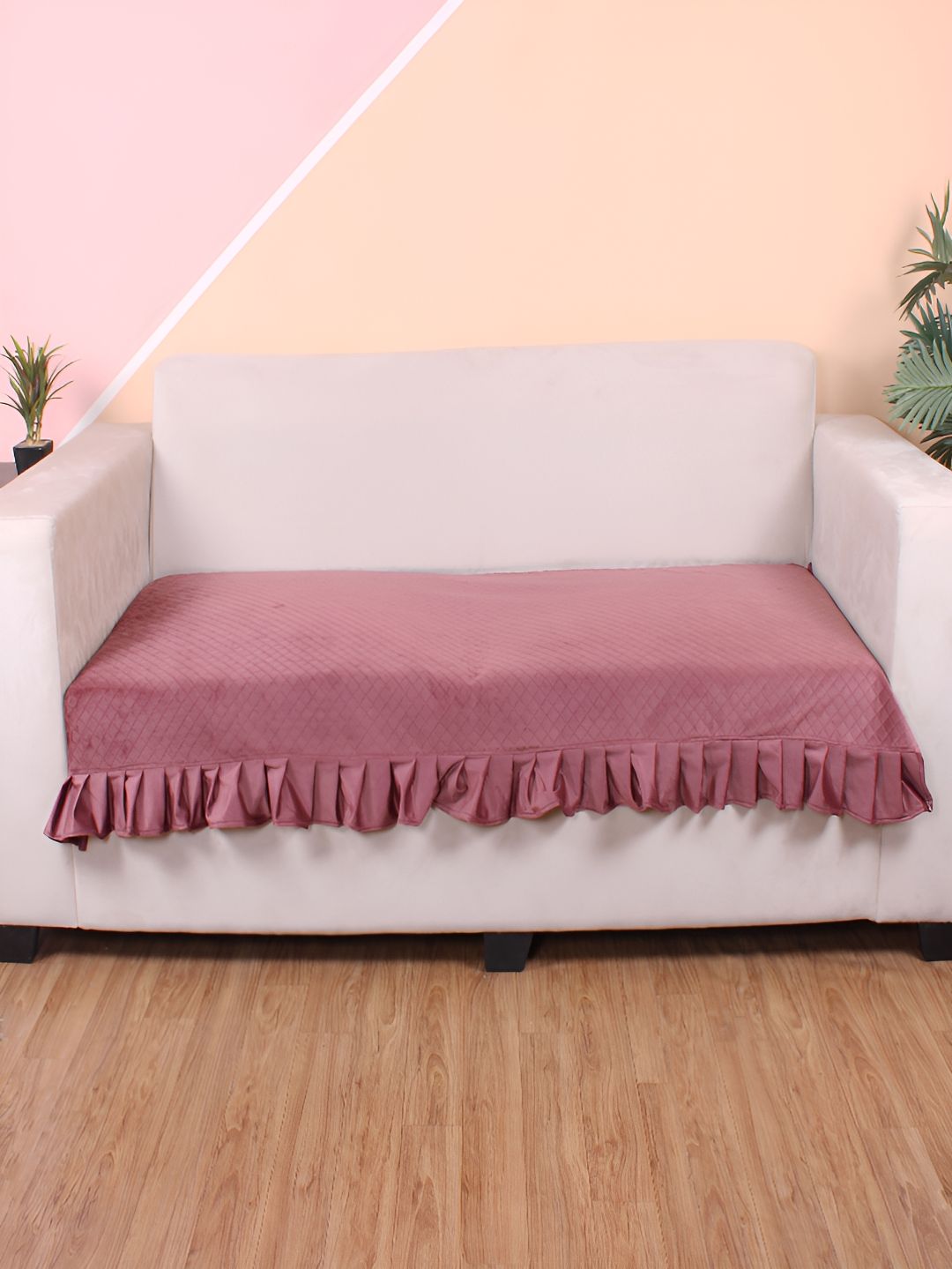 STITCHNEST Peach Self Design 2 Seater Sofa Cover-image-37