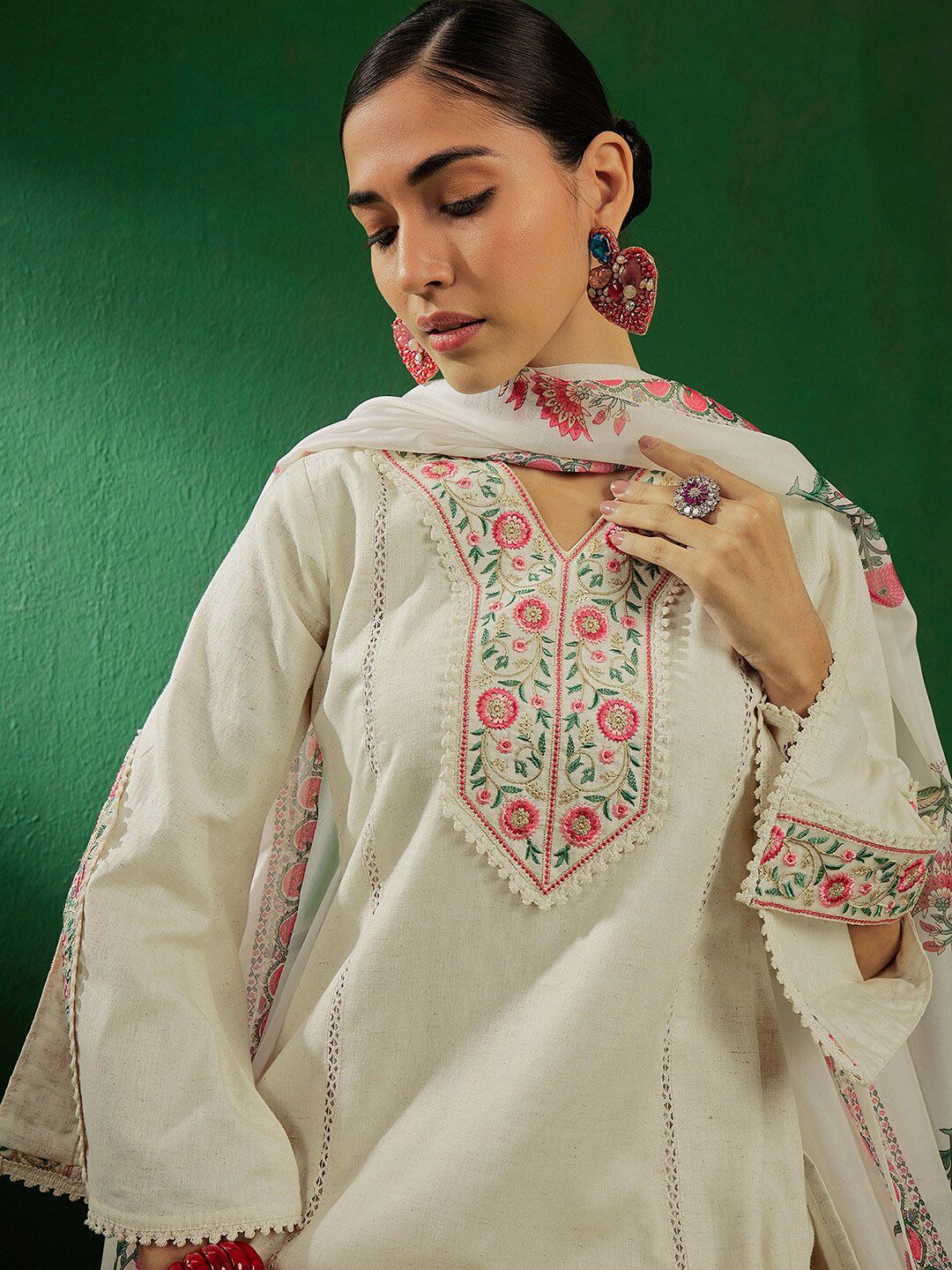 Sangria Off White Floral Embroidered Pure Cotton Kurta With Palazzo & Dupatta