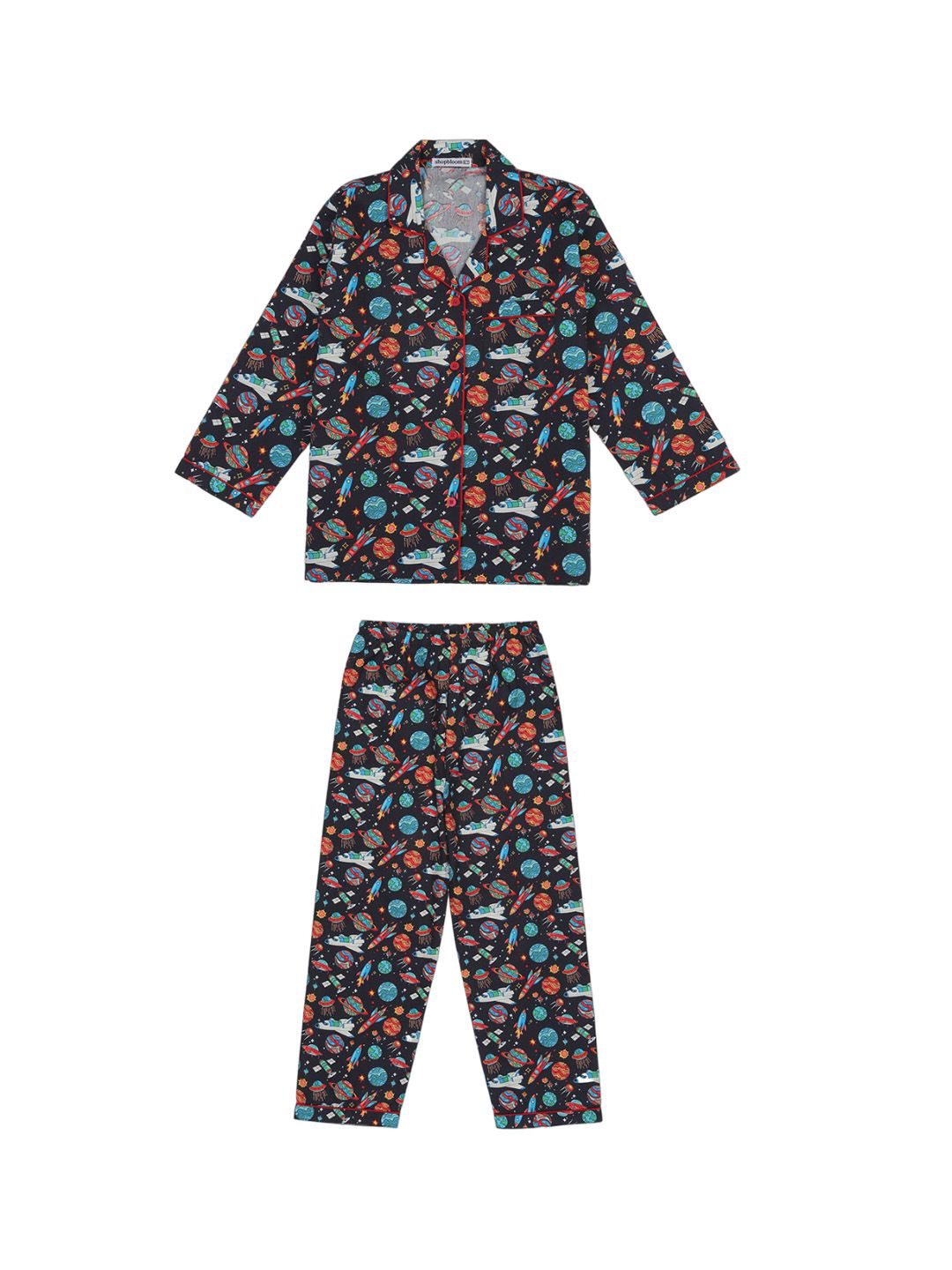 shopbloom Kids Conversational Printed Lapel Collar Pure Cotton Night suit-picture-55
