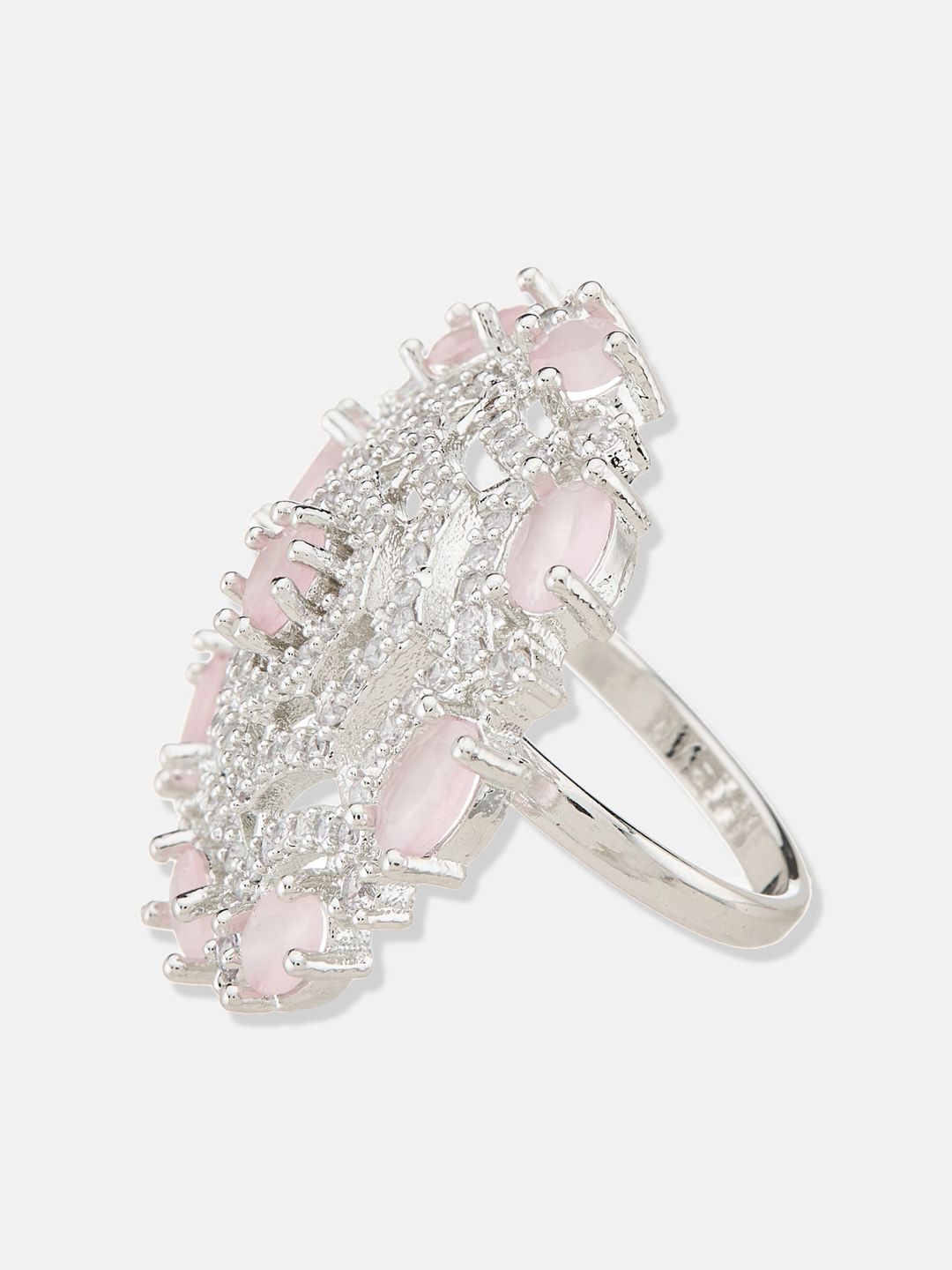 ATIBELLE Silver-Plated Cubic Zirconia-Stones Studded Floral Adjustable Finger Ring