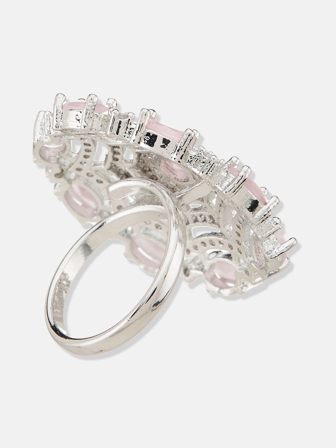 ATIBELLE Silver-Plated Cubic Zirconia-Stones Studded Floral Adjustable Finger Ring