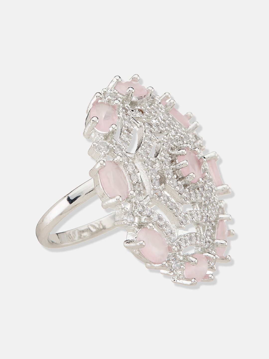 ATIBELLE Silver-Plated Cubic Zirconia-Stones Studded Floral Adjustable Finger Ring
