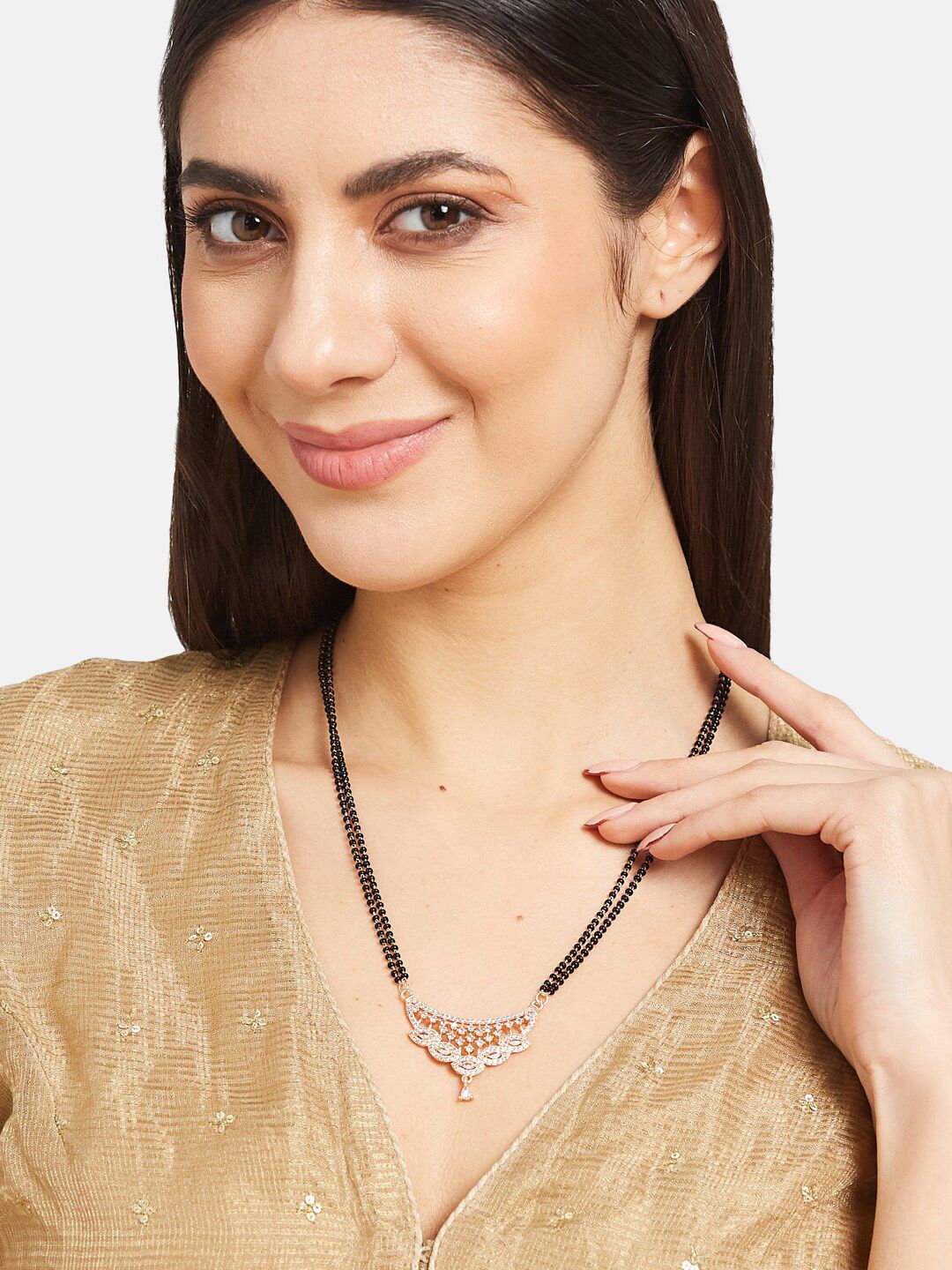 ATIBELLE Rose Gold-Plated American Diamond Studded & Beaded Mangalsutra