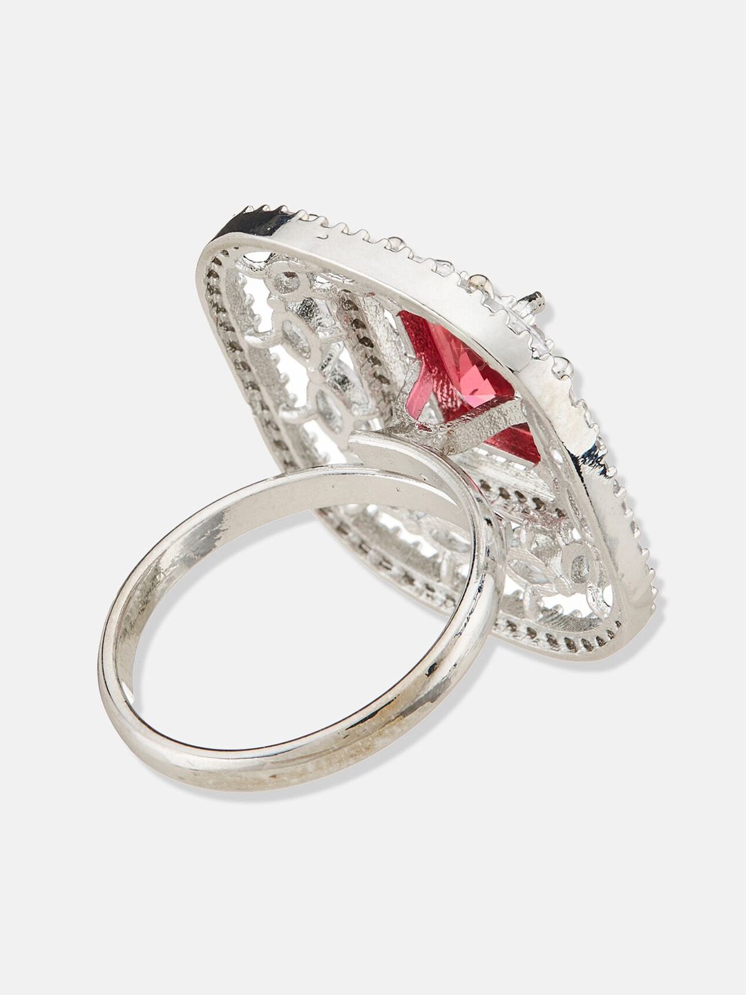 ATIBELLE Silver-Plated Cubic Zirconia-Stones Studded Square Adjustable Finger Ring