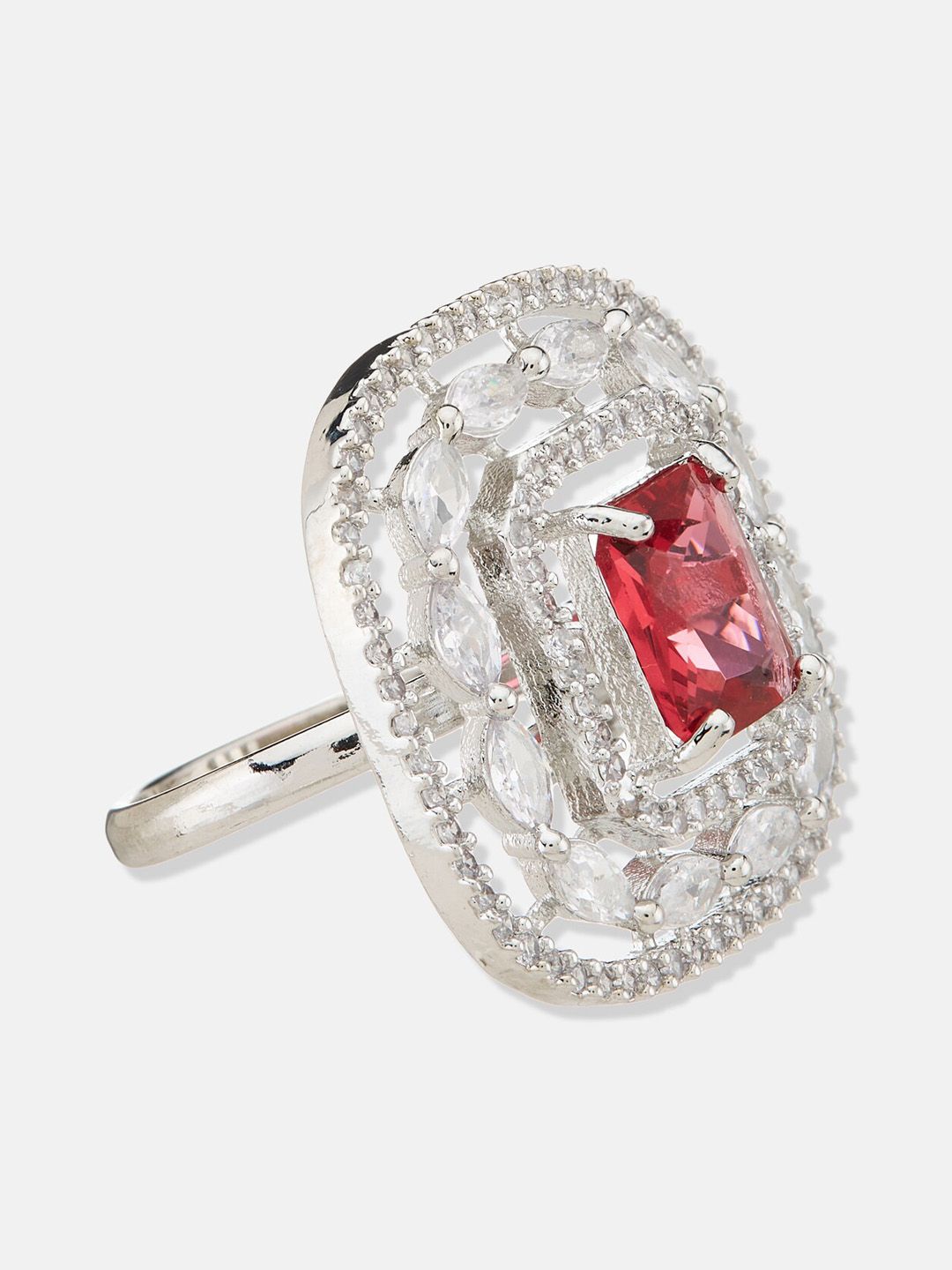 ATIBELLE Silver-Plated Cubic Zirconia-Stones Studded Square Adjustable Finger Ring