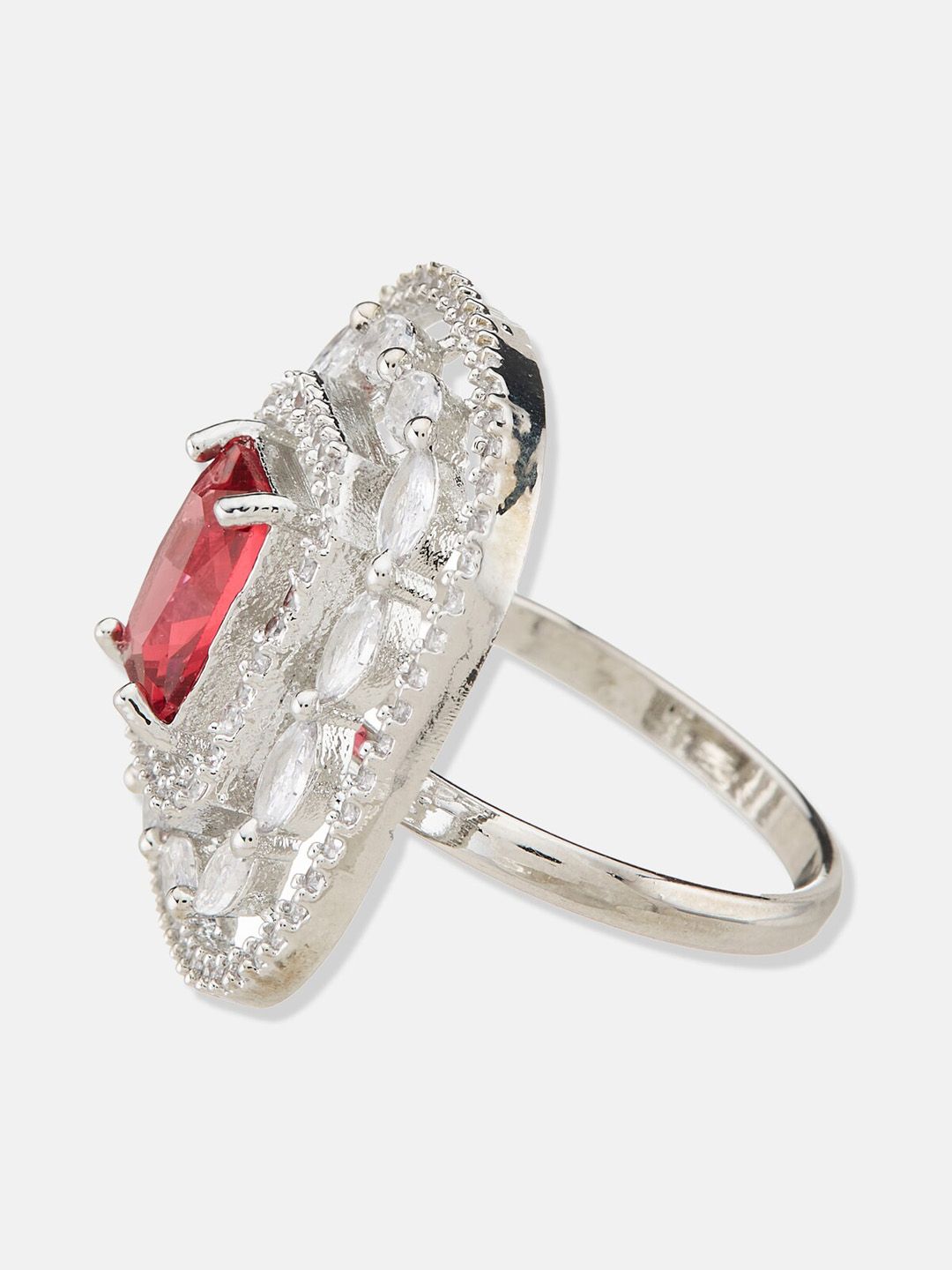 ATIBELLE Silver-Plated Cubic Zirconia-Stones Studded Square Adjustable Finger Ring
