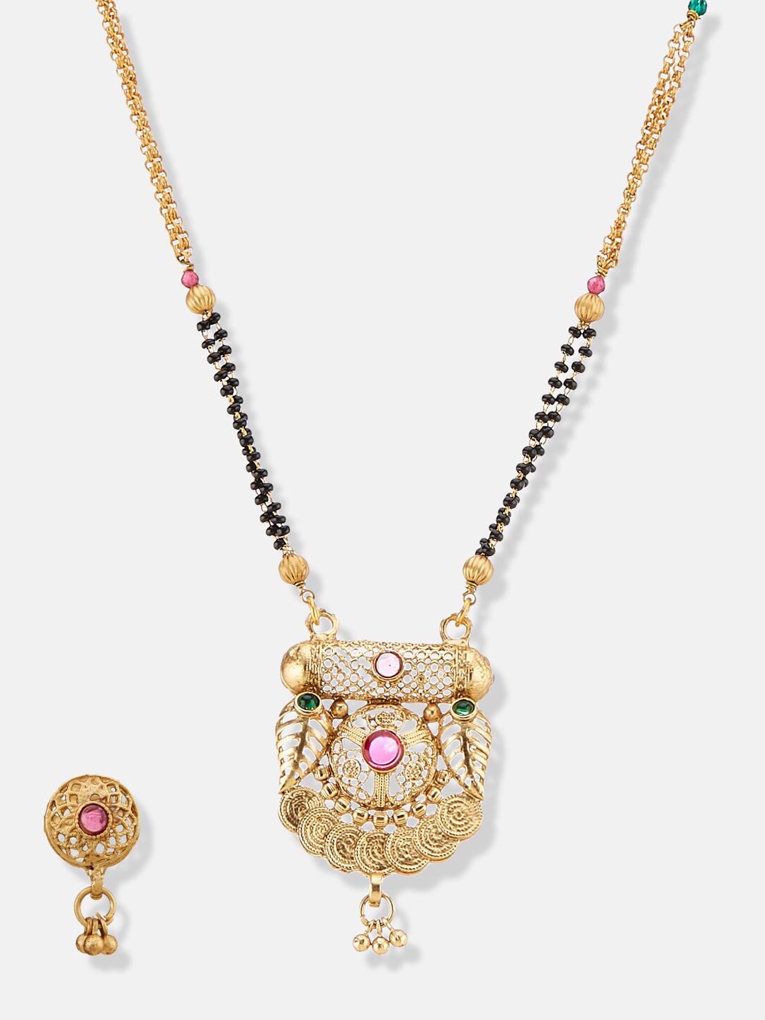 ATIBELLE Gold-Plated Stones-Studded & Beaded Floral Mangalsutra With Earrings