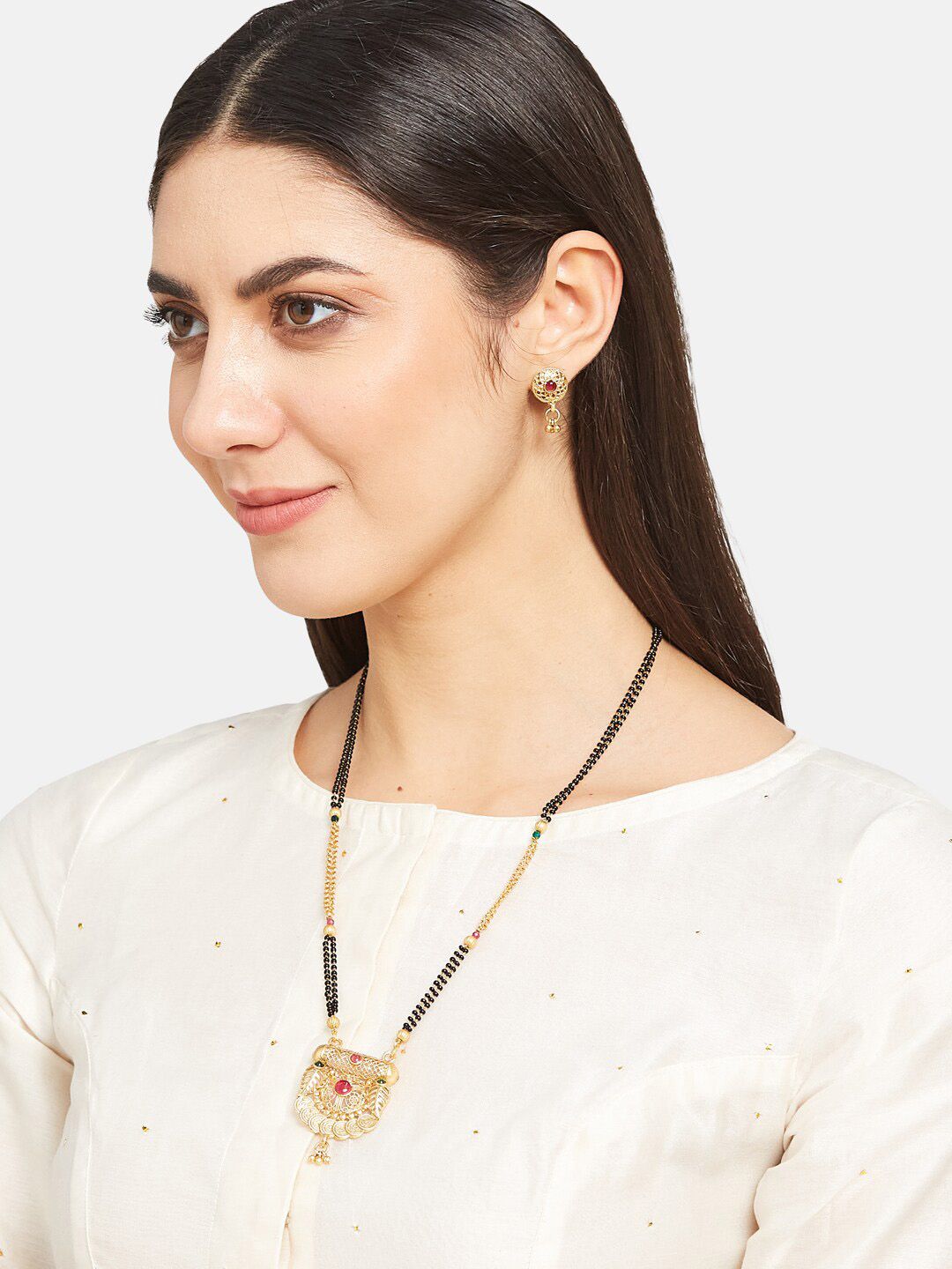 ATIBELLE Gold-Plated Stones-Studded & Beaded Floral Mangalsutra With Earrings