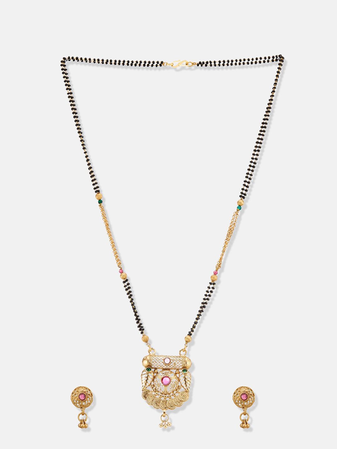 ATIBELLE Gold-Plated Stones-Studded & Beaded Floral Mangalsutra With Earrings