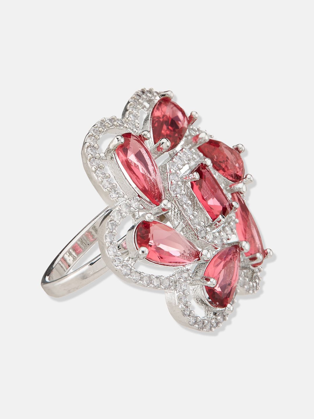 ATIBELLE Silver-Plated Cubic Zirconia-Stones Studded Floral Adjustable Finger Ring