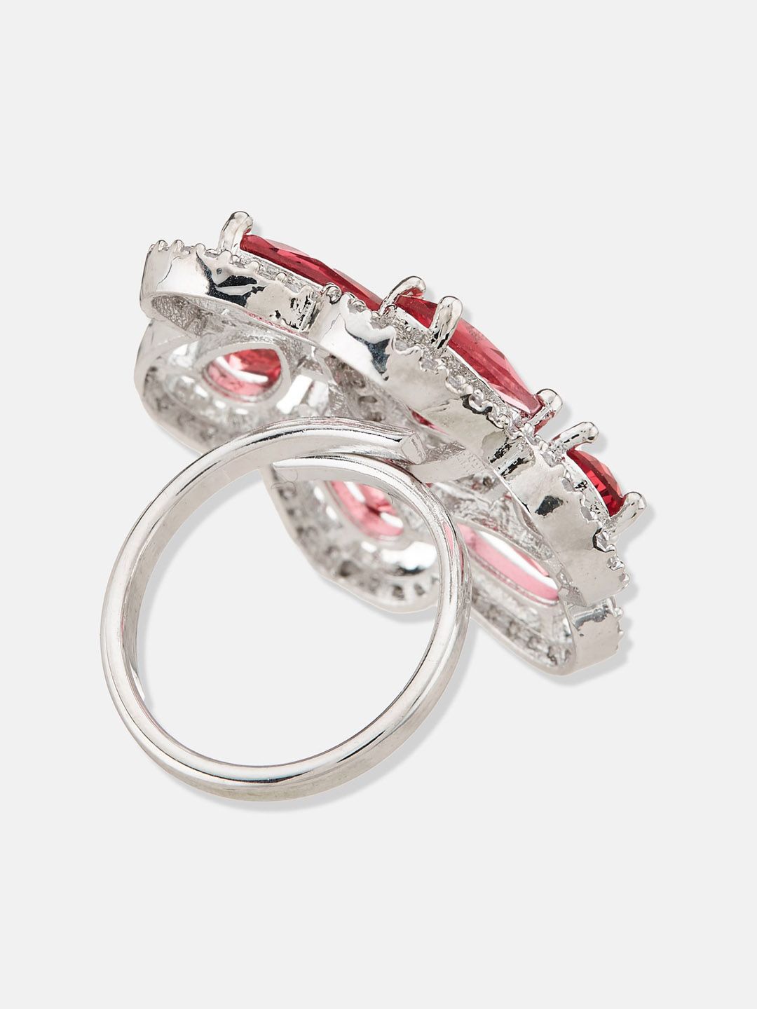 ATIBELLE Silver-Plated Cubic Zirconia-Stones Studded Floral Adjustable Finger Ring