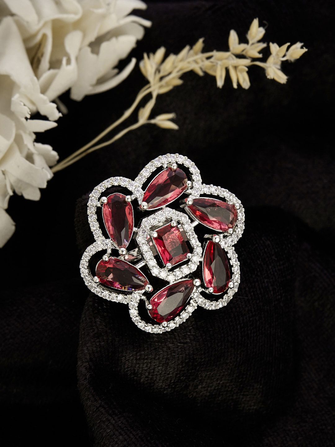 ATIBELLE Silver-Plated Cubic Zirconia-Stones Studded Floral Adjustable Finger Ring