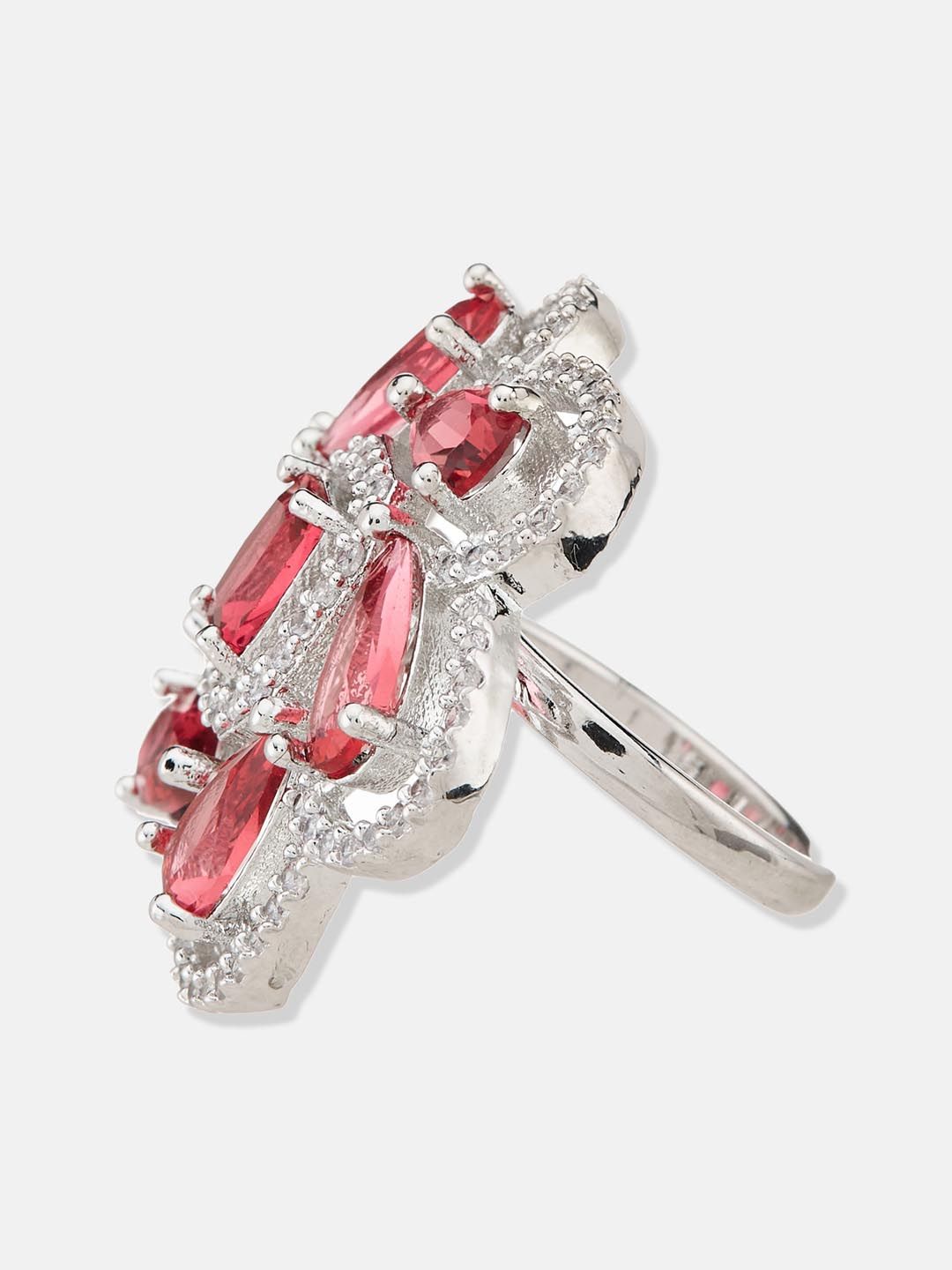 ATIBELLE Silver-Plated Cubic Zirconia-Stones Studded Floral Adjustable Finger Ring