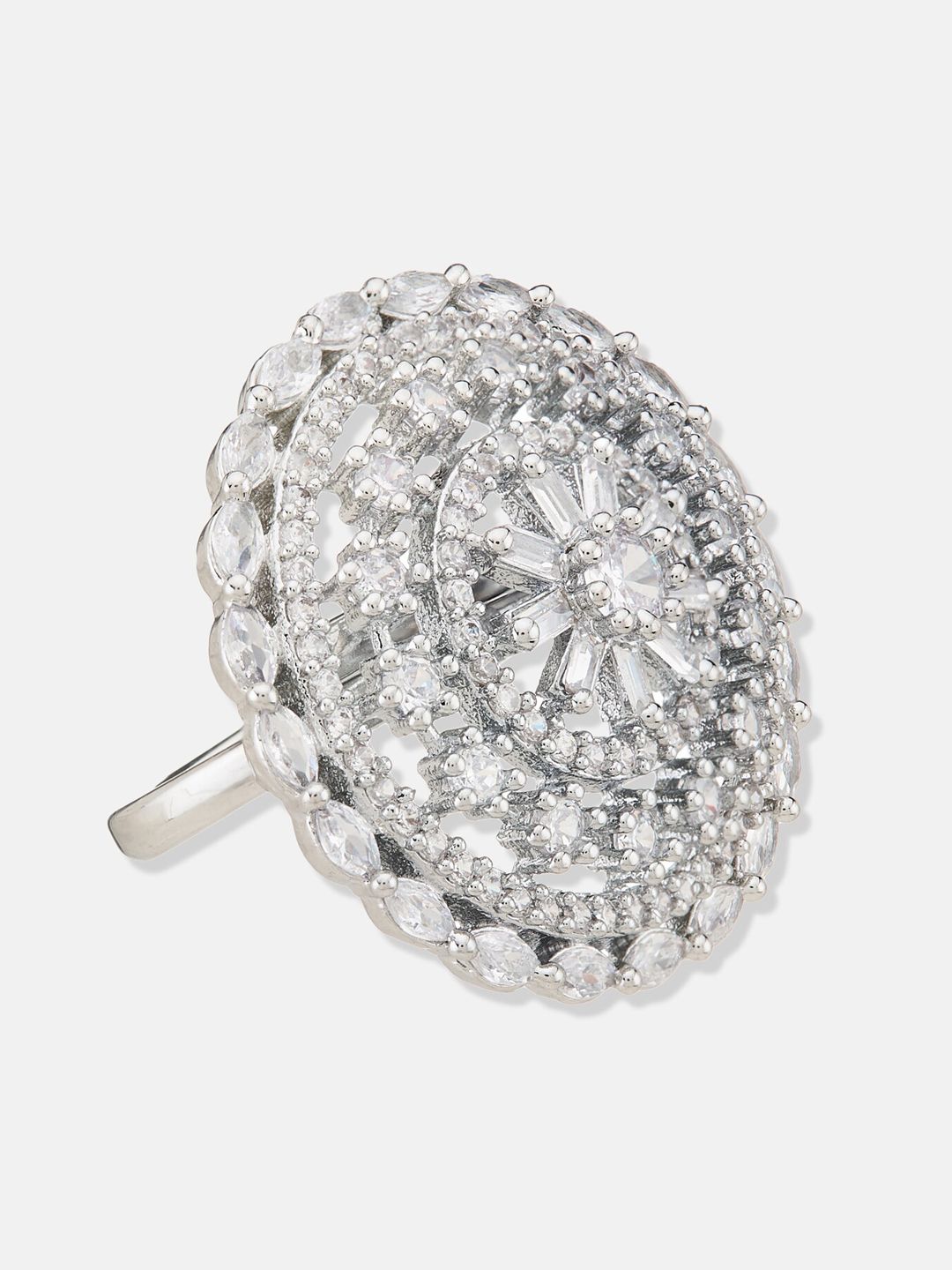 ATIBELLE Silver-Plated Cubic Zirconia-Stones Studded Floral Adjustable Finger Ring