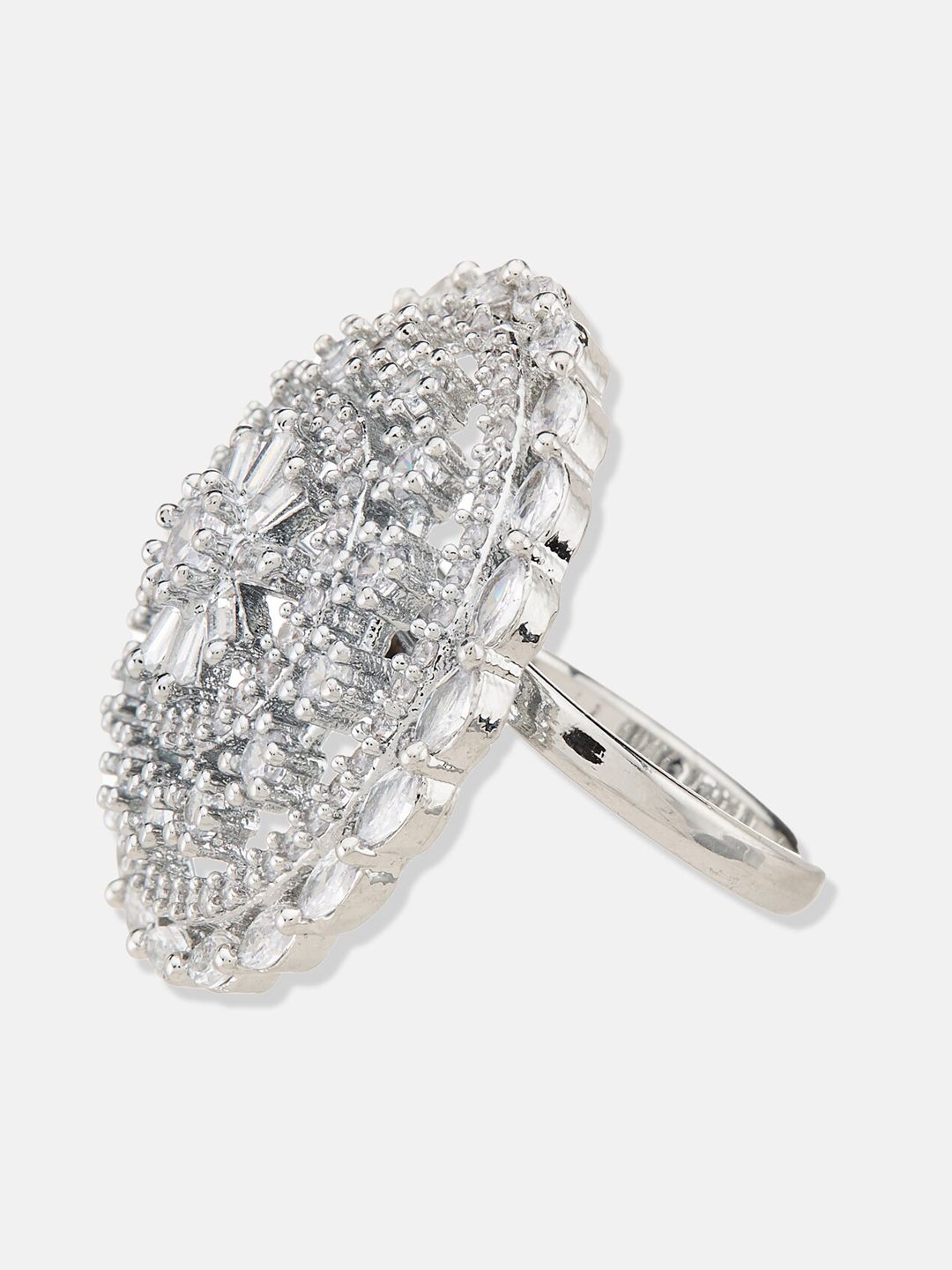 ATIBELLE Silver-Plated Cubic Zirconia-Stones Studded Floral Adjustable Finger Ring