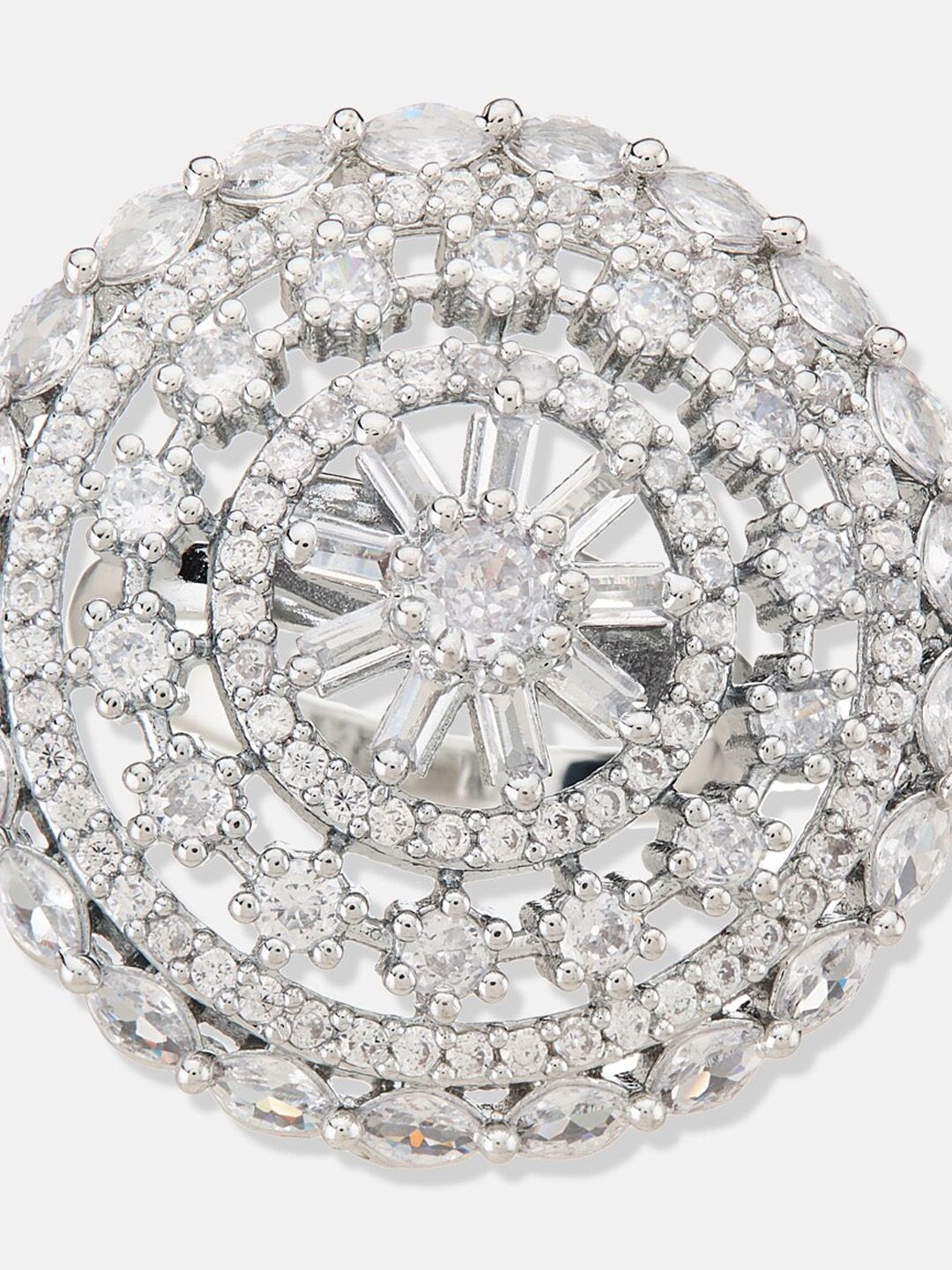 ATIBELLE Silver-Plated Cubic Zirconia-Stones Studded Floral Adjustable Finger Ring