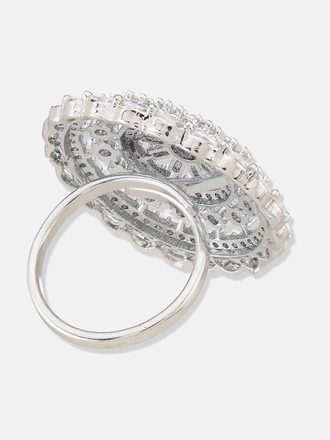 ATIBELLE Silver-Plated Cubic Zirconia-Stones Studded Floral Adjustable Finger Ring