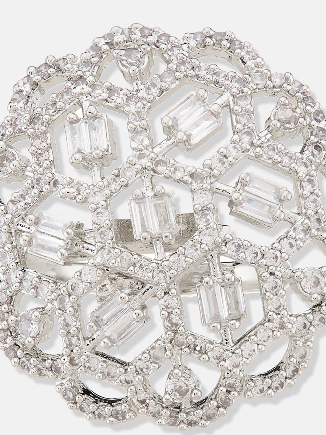 ATIBELLE Silver-Plated Cubic Zirconia-Stones Studded Floral Adjustable Finger Ring
