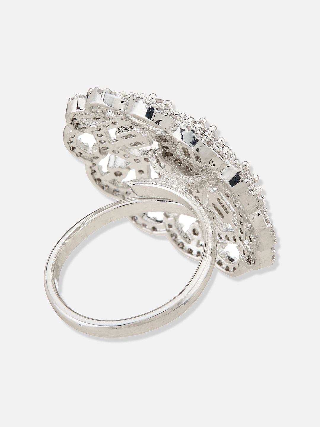 ATIBELLE Silver-Plated Cubic Zirconia-Stones Studded Floral Adjustable Finger Ring