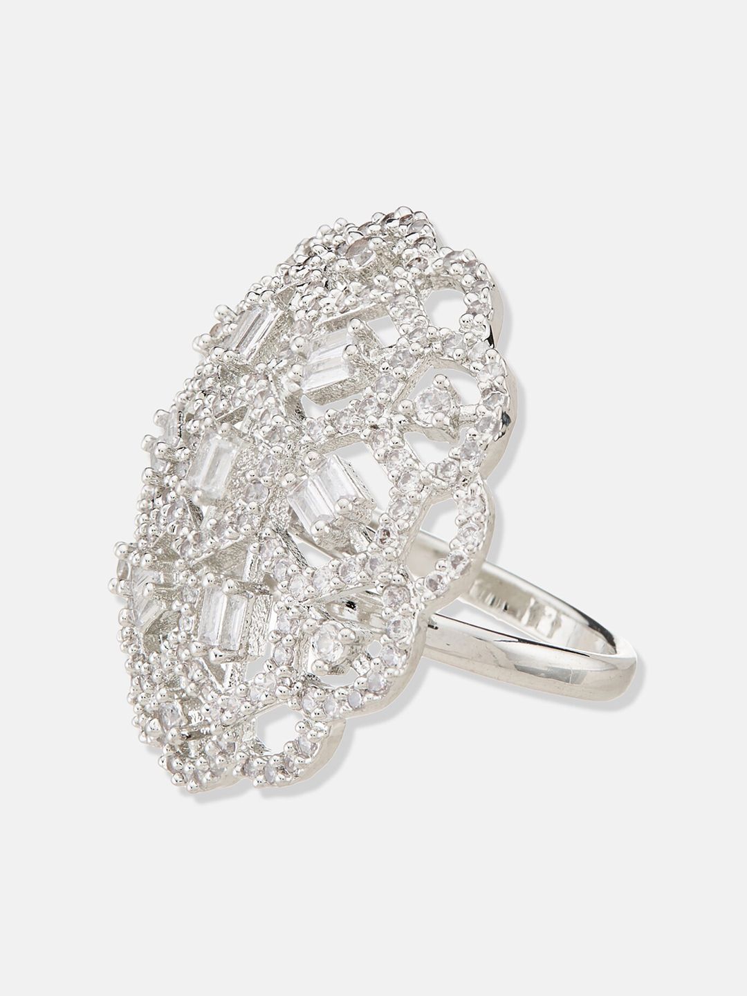ATIBELLE Silver-Plated Cubic Zirconia-Stones Studded Floral Adjustable Finger Ring