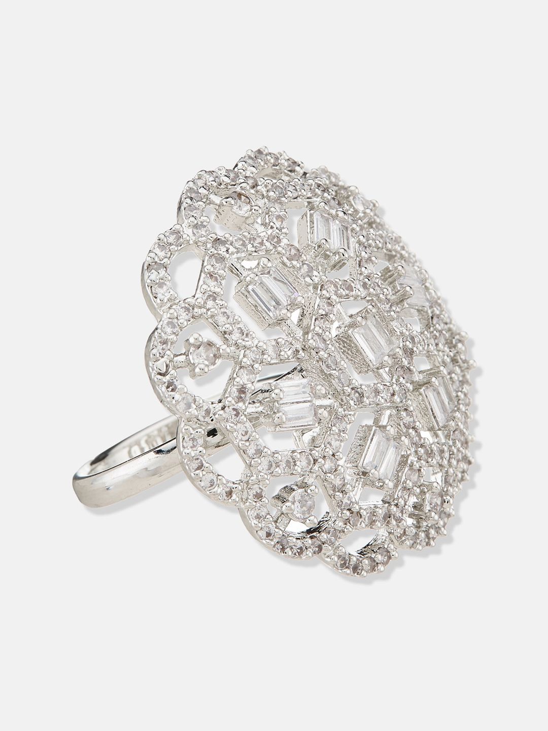 ATIBELLE Silver-Plated Cubic Zirconia-Stones Studded Floral Adjustable Finger Ring