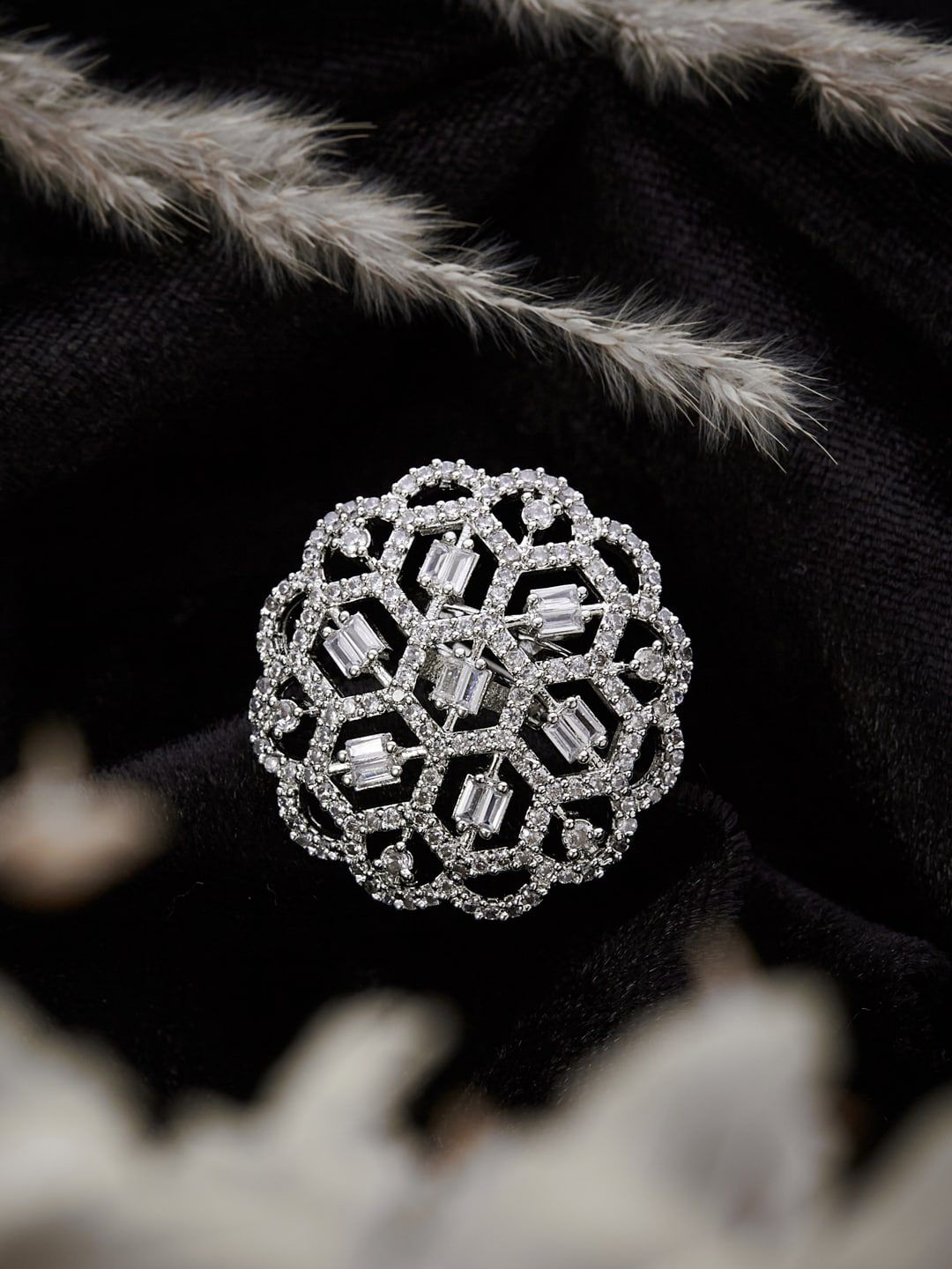 ATIBELLE Silver-Plated Cubic Zirconia-Stones Studded Floral Adjustable Finger Ring