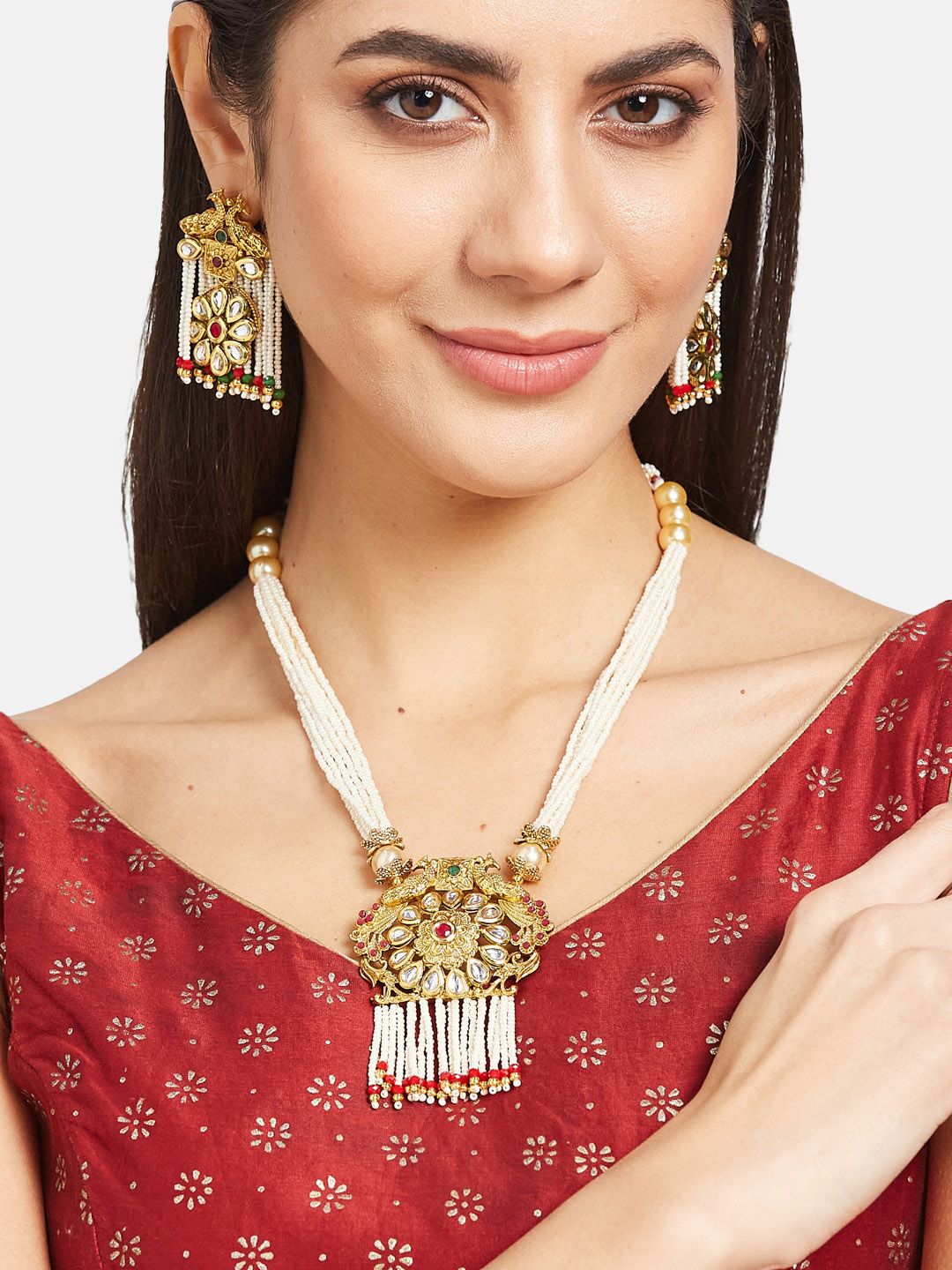 ATIBELLE Gold-Plated Kundan-Studded & Beaded Jewellery Set
