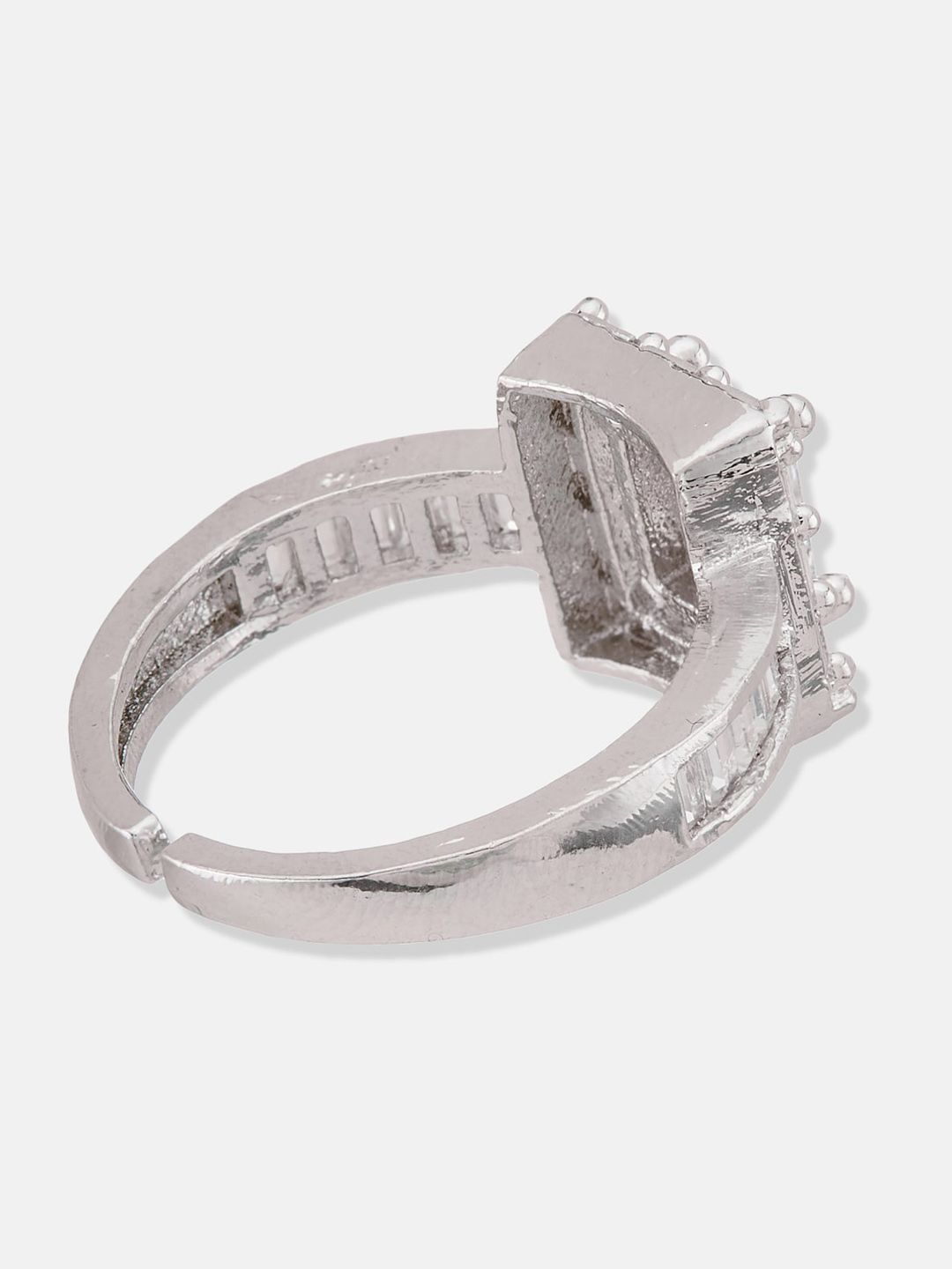 ATIBELLE Silver-Plated Cubic Zirconia-Stones Studded Square Shaped Adjustable Finger Ring
