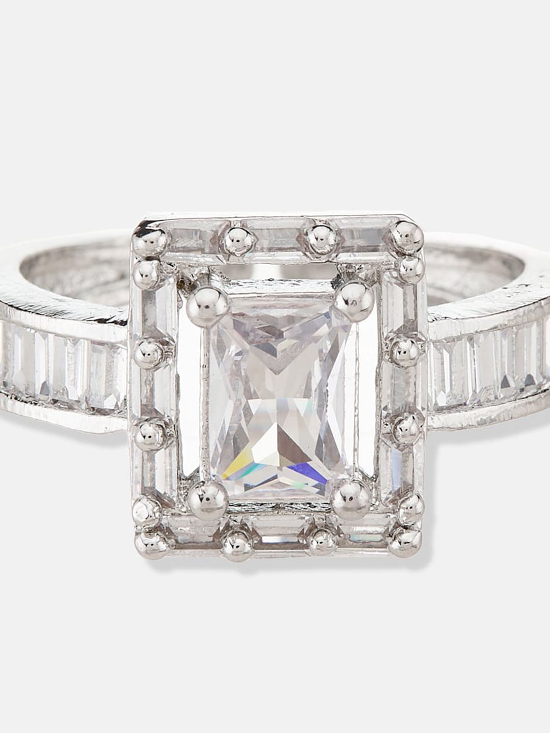ATIBELLE Silver-Plated Cubic Zirconia-Stones Studded Square Shaped Adjustable Finger Ring