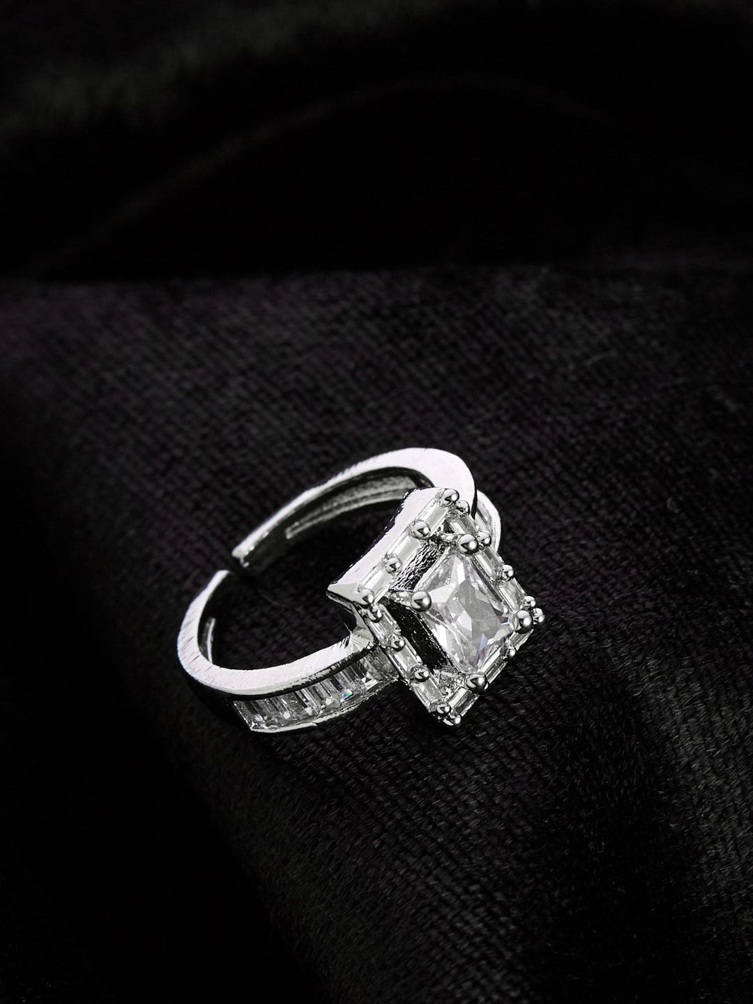 ATIBELLE Silver-Plated Cubic Zirconia-Stones Studded Square Shaped Adjustable Finger Ring