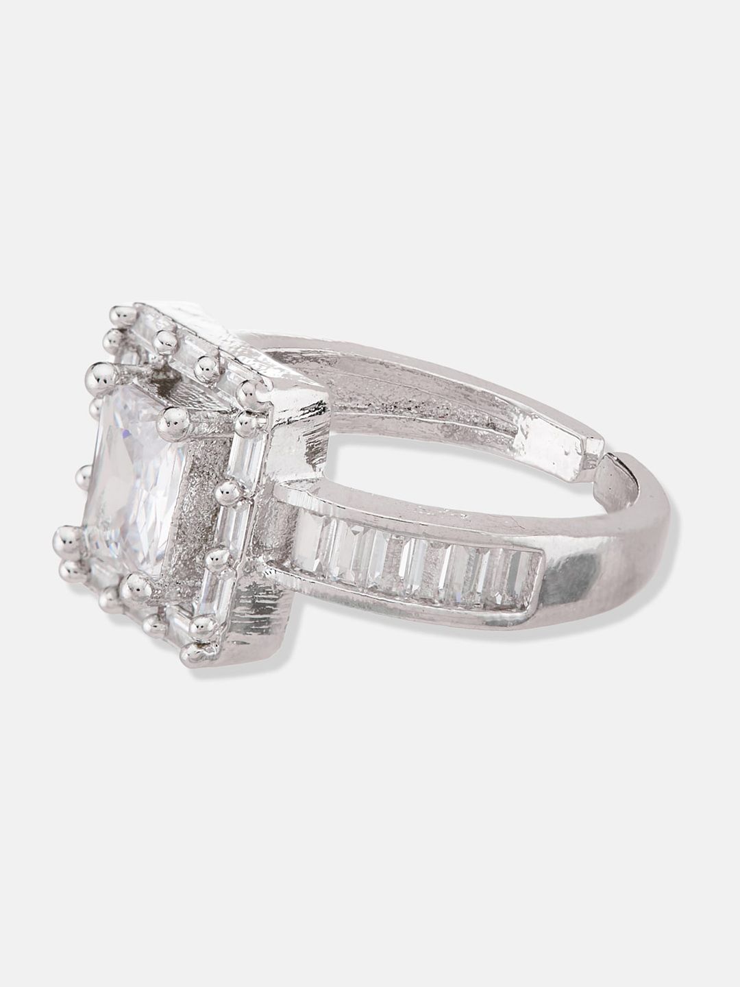 ATIBELLE Silver-Plated Cubic Zirconia-Stones Studded Square Shaped Adjustable Finger Ring