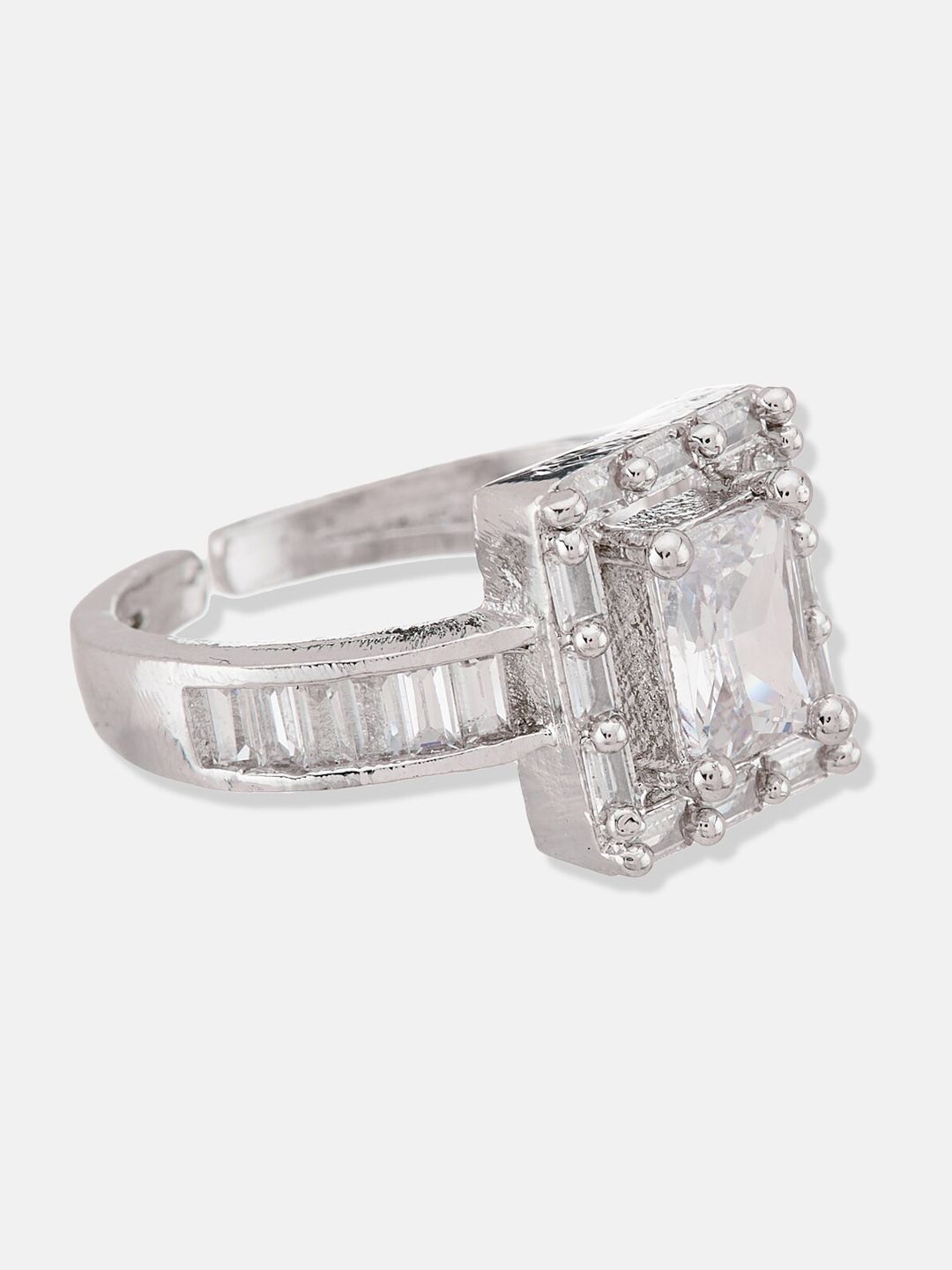 ATIBELLE Silver-Plated Cubic Zirconia-Stones Studded Square Shaped Adjustable Finger Ring