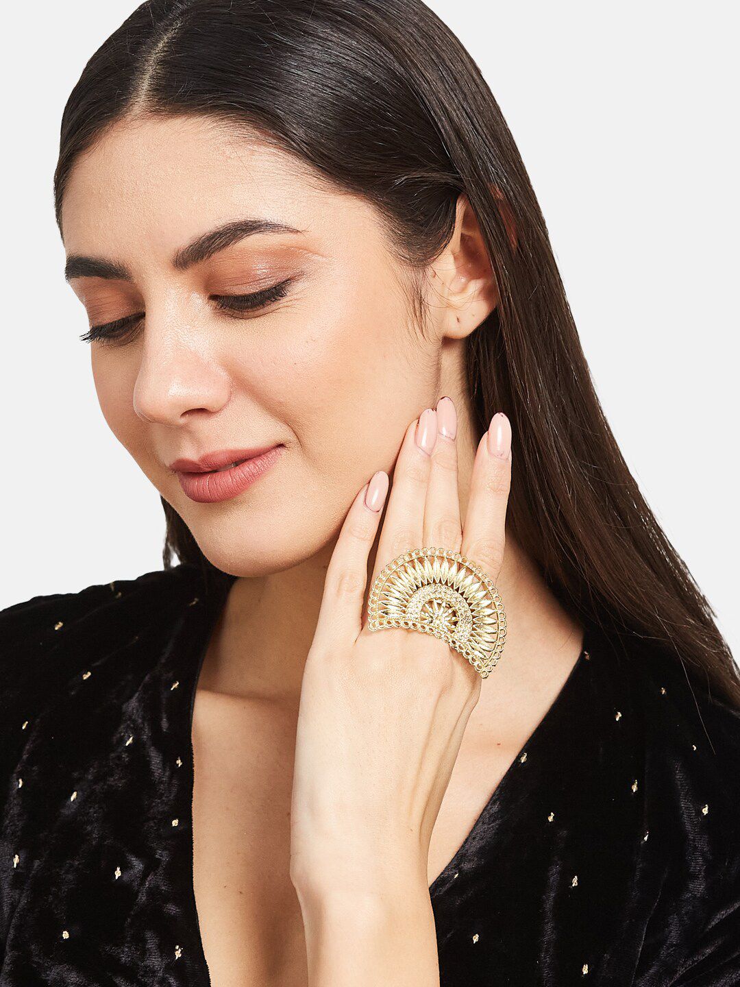 ATIBELLE Gold-Plated German Silver Crescent Moon Shaped Adjustable Finger Ring