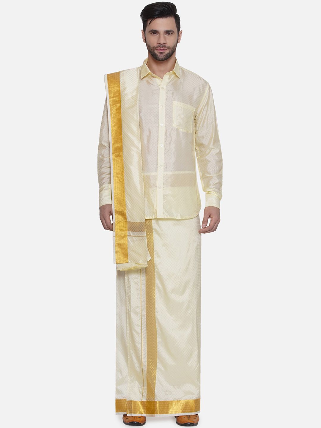 Sethukrishna Checked Art Silk Ready To Wear Dhoti With Angavastram-image-24