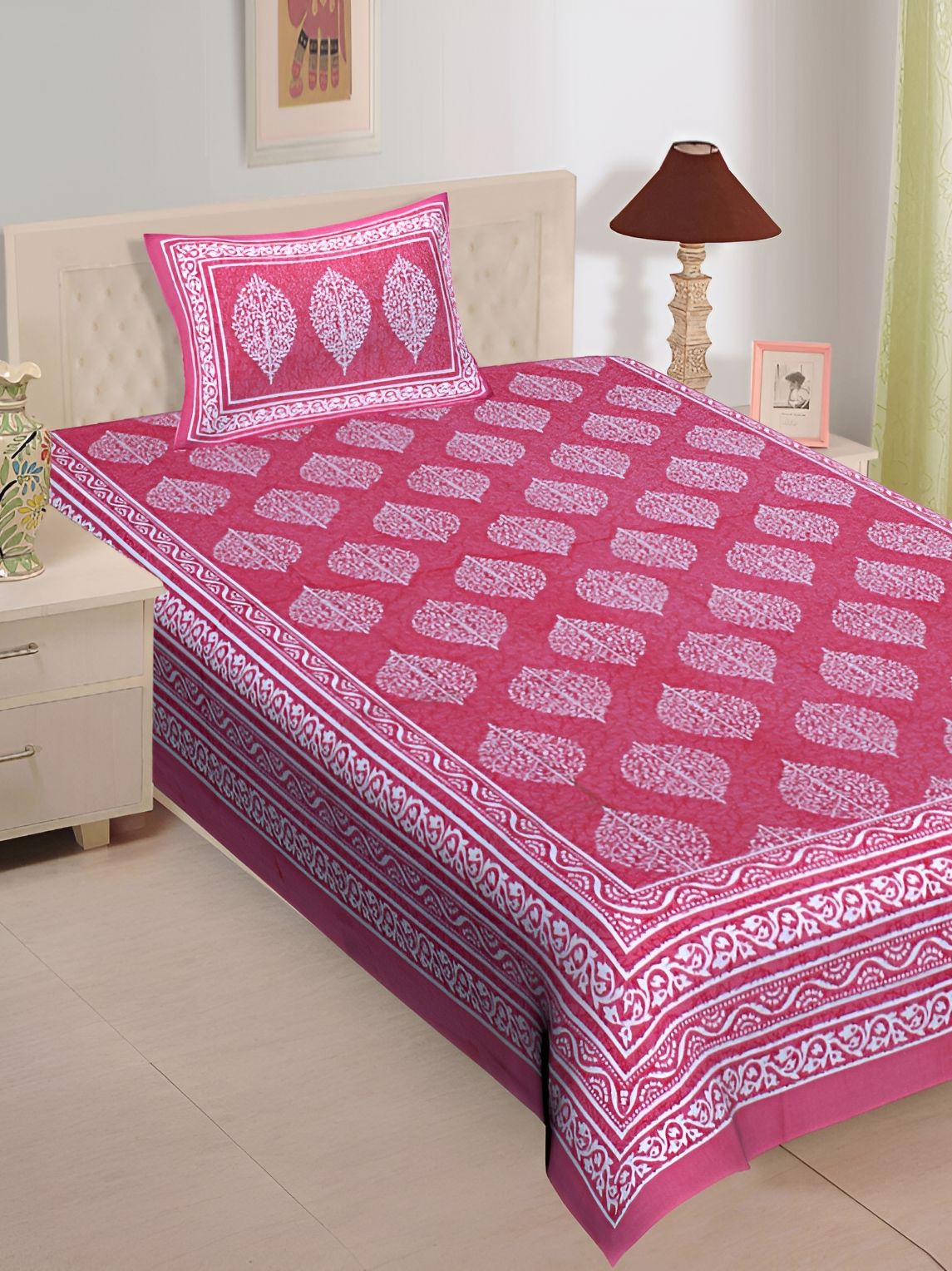 UNIBLISS Pink & White Printed Cotton 144 TC Single Bedsheet With 1 Pillow Cover-image-49